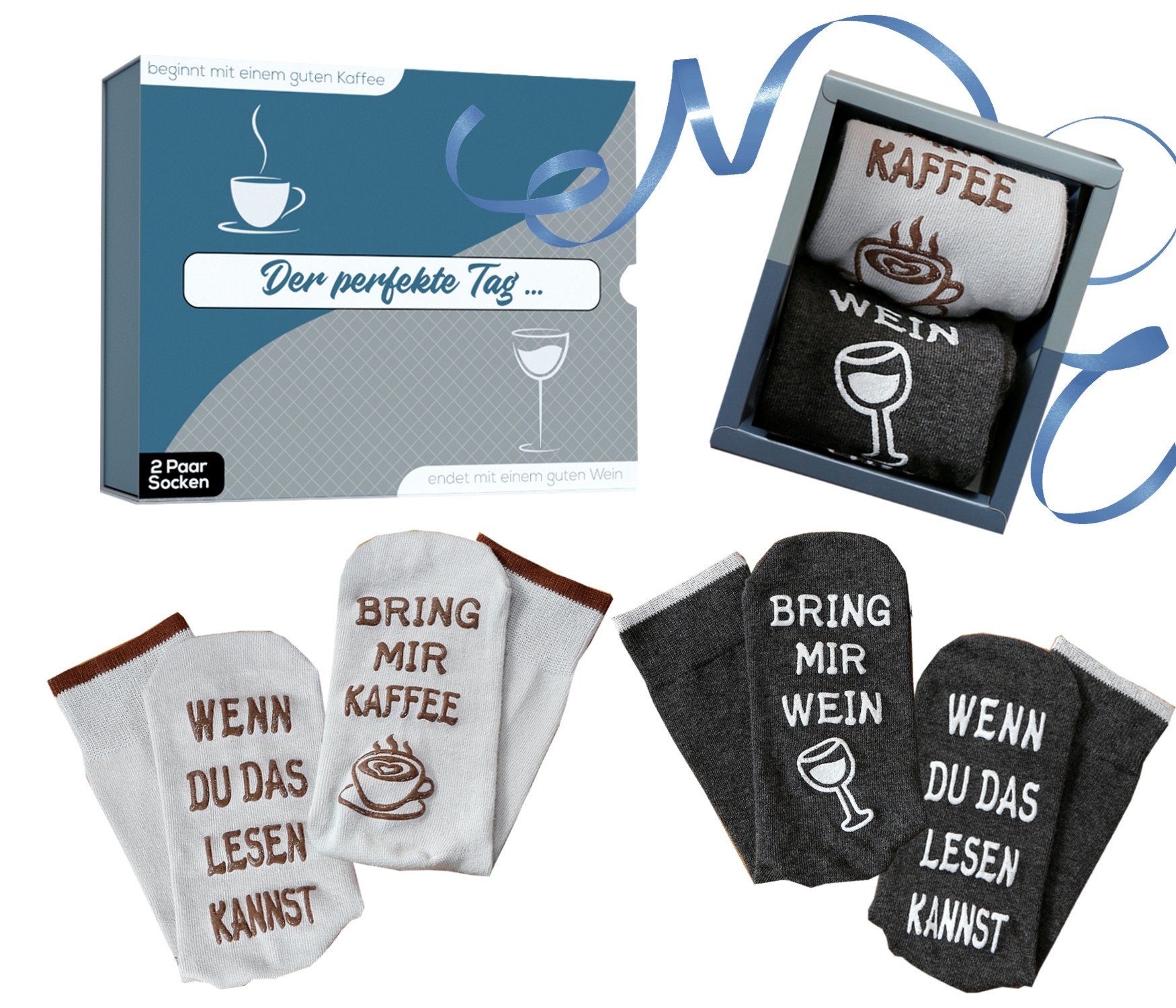 Lucadeau Freizeitsocken Socken Geschenkset für Frauen und Männer mit Spruch auf Sohle, (Geschenkset, 2 Paar) Bring mir Kaffee, Wein, rutschfest, Gr. 36-43, Geburtstagsgeschenk