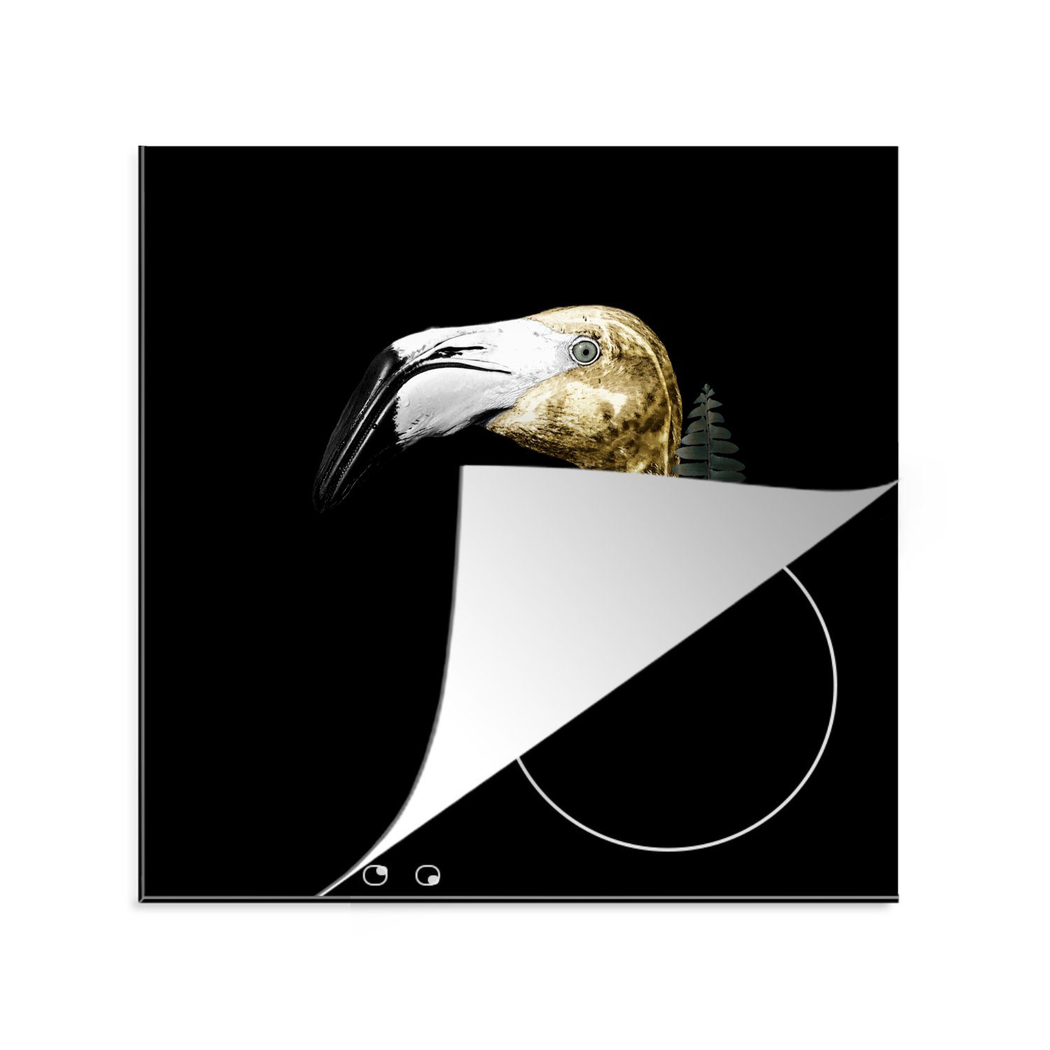 MuchoWow Herdblende-/Abdeckplatte Flamingo - Gold - Blätter - Schwarz, Vinyl, (1 tlg), 78x78 cm, Ceranfeldabdeckung, Arbeitsplatte für küche