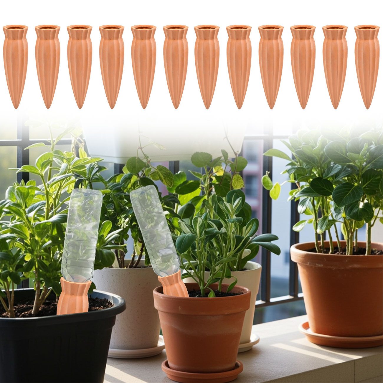 shop'n smile ideoon Bewässerungssystem XL Tonkegel Bewässerungszapfen Terrakotta Pflanzen Bewässerung Flasche, (12-tlg., 6er-Set 6 12er-Set), für Flaschen, Sicker-Prinzip Bewässerung, selbstregulierend