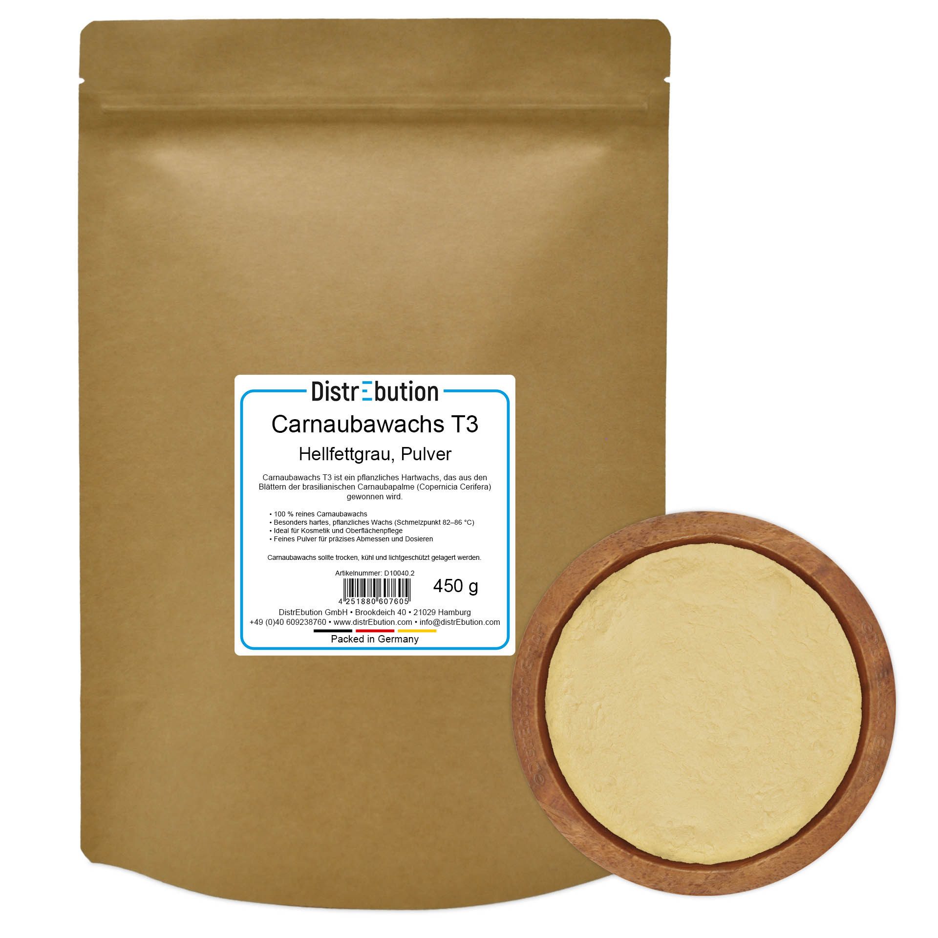 DistrEbution Carnaubawachs T3 Hellfettgrau Pulver - Kosmetik & Industrie Politur, Feines Carnaubawachs-Pulver für stabile und langlebige Formulierungen