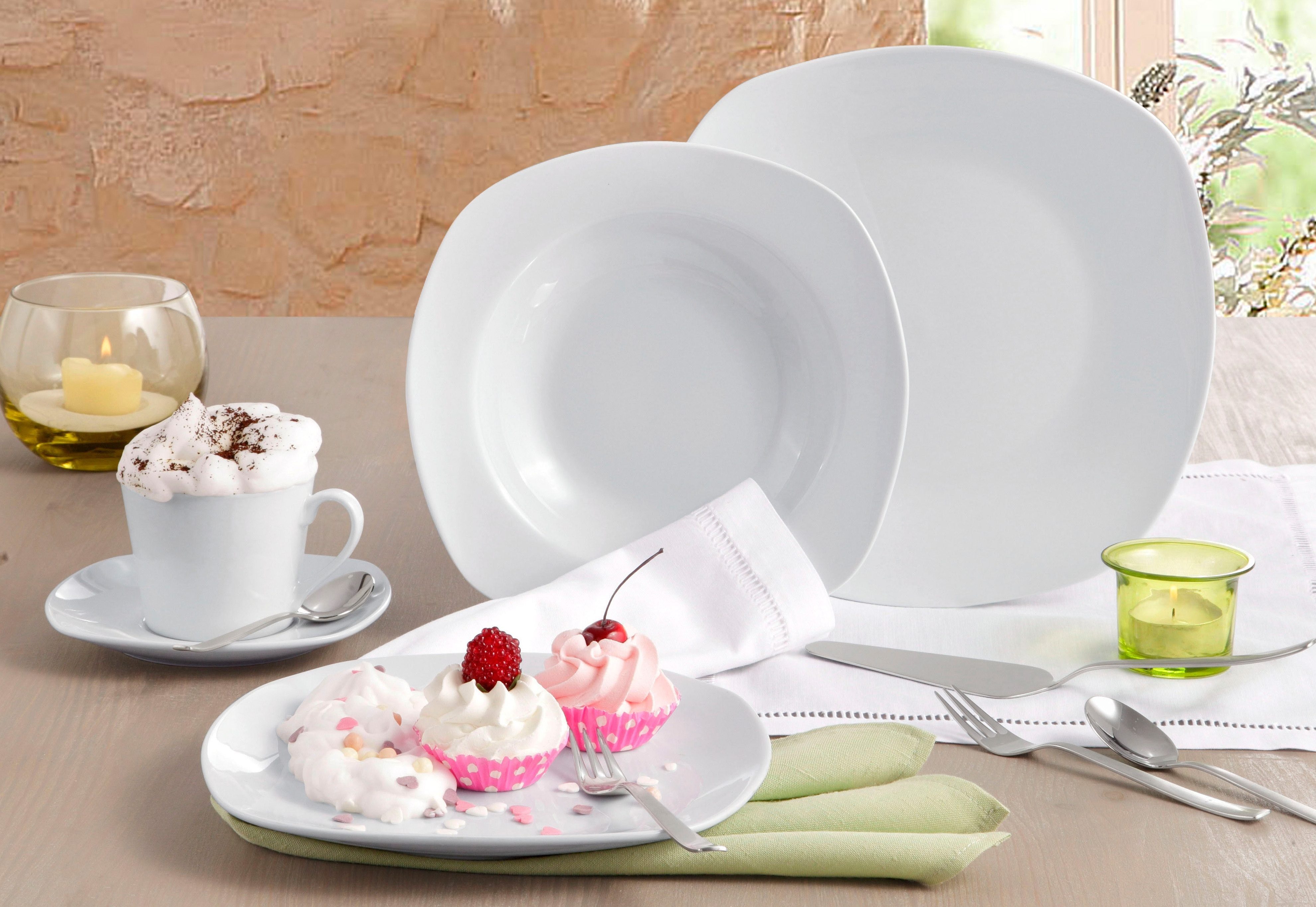CreaTable Kombiservice Geschirr-Set Amelie (30-tlg), 6 Personen, Porzellan, Service, weiß, quadratische Form, 30 Teile, für 6 Personen
