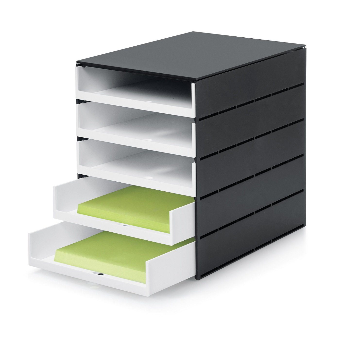 STYRO Schubladenbox 1 Schubladenbox mit 5 offene Schubladen styroval PRO schwarz/weiß, Offene Schubladen; Griffloch
