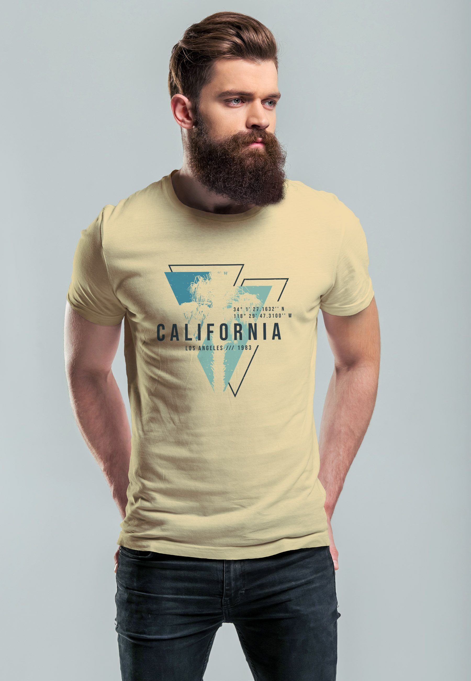 Neverless Print-Shirt Herren Motiv USA Print mit T-Shirt natur Fashion Surfing California Angeles Sommer Los