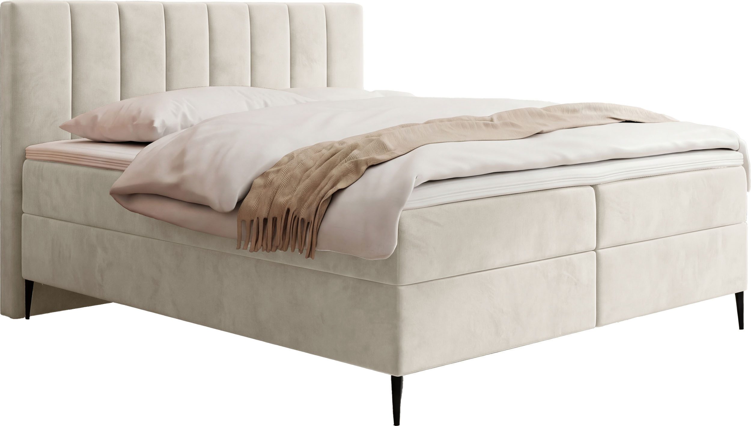 WFL GROUP Boxspringbett Allen mit Bettkasten, Boucle oder Samt, hohes Kopfteil & hohe Füße (erhältlich in 5 Größen: 120x200, 140x200, 160x200, 180x200, 200x200 cm), Doppelbett mit H4 Pocket Matratze, Foam Topper & Stauraum, Made in EU