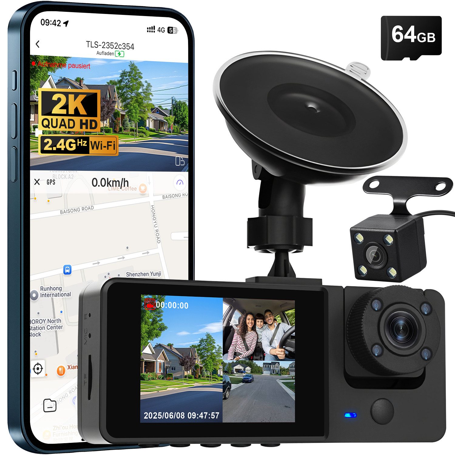 CkeyiN Pro 2K Dashcam Auto,2-Zoll-LCD,3 Kanal Dashcam Auto Vorne Hinten Dashcam (2.4G WIFI, 2K+ 720P+ 720P,WDR,110°Weitwinkel, Nachtsicht, mit 64GB TF-Karte)
