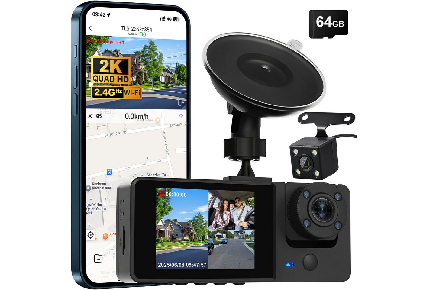 CkeyiN Pro 2K Dashcam Auto,2-Zoll-LCD,3 Kanal Dashcam Auto Vorne Hinten Dashcam (2K+ 720P+ 720P,WDR,110°Weitwinkel, Nachtsicht, mit 64GB TF-Karte)