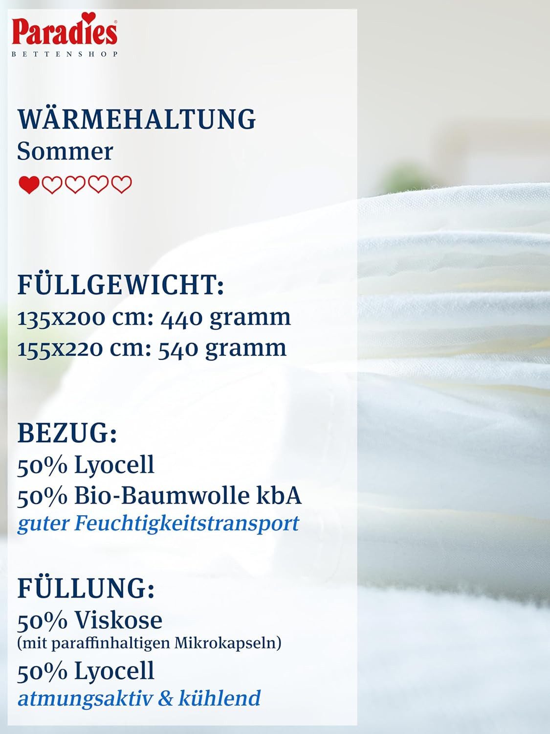 Paradies Kunstfaserbettdecke Paradies Cool Comfort Bio kühlend Sommer Bettdecke Sommerdecke 155x220, Füllung: Paradies Cool Comfort Fasertechnologie aus 50% Viscose mit kühlenden Microkapseln und 50% Lyocell., Bezug: 50% Lyocell und 50% Bio Baumwolle, Klimaneutrale Herstellung, GRS zertifiziert