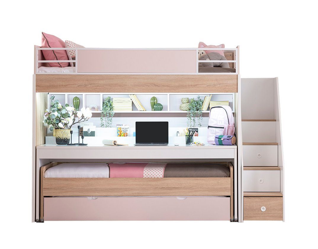 Etagenbett und Schreibtisch mit Etagenbett rosa Möbel-Zeit Treppe City