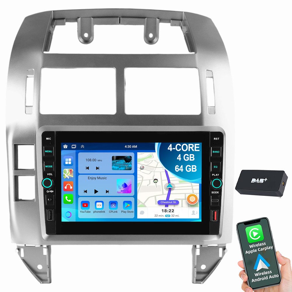 ESSGOO Für VW Polo 9N 2001-2009 CarPlay Android 15 Navi RDS Autoradio (RDS, Digitalradio (DAB), FM, AM, Carplay Android Auto Bluetooth EQ USB Navi WIFI)