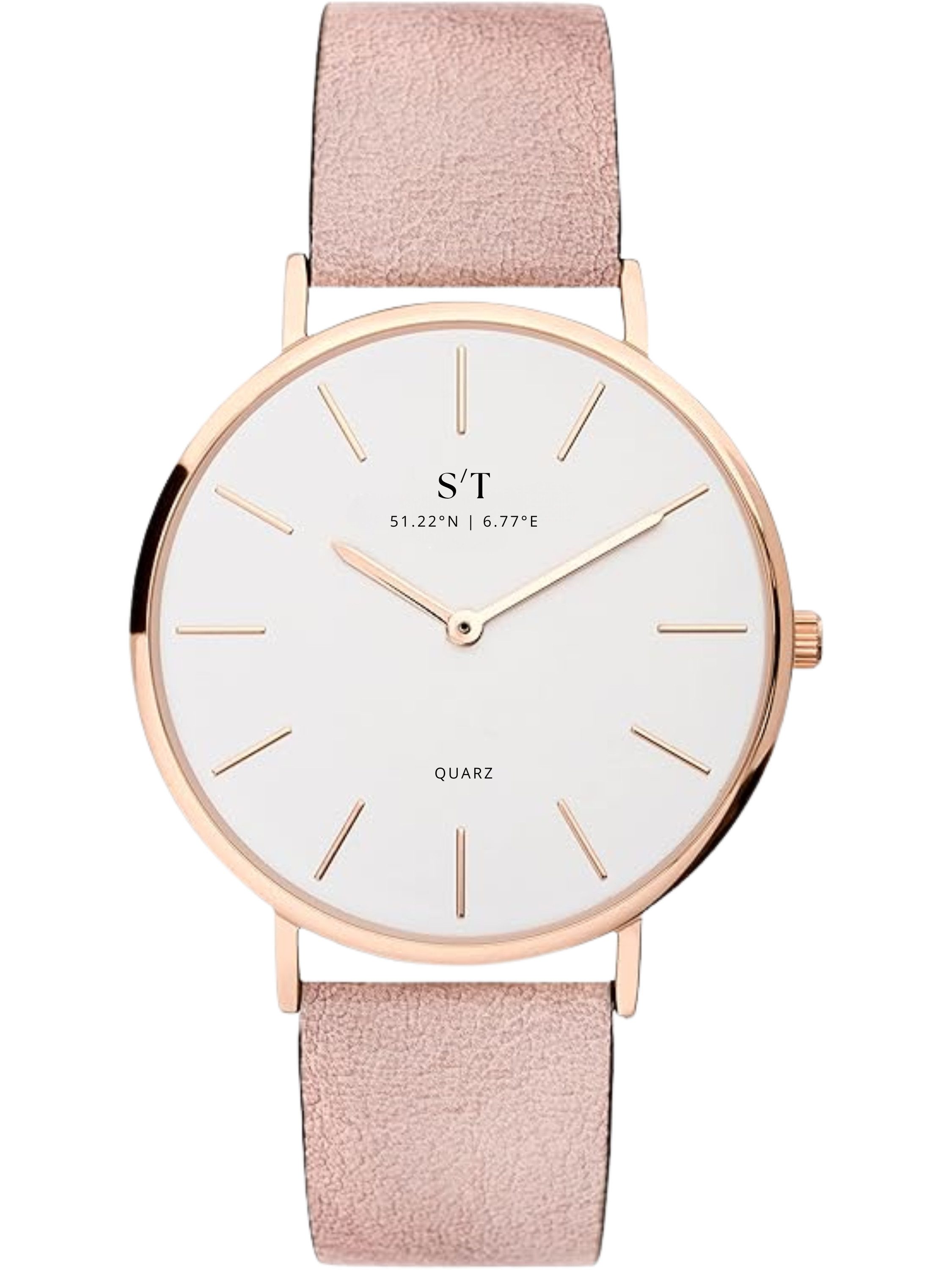 S&T Design Quarzuhr Damen Uhr Armbanduhr Leder Damenuhr Damen Geschenk Dünn Edelstahl Frau S/T FEMME II, (Packung, 1-tlg., Frauen Uhr), Wasserdicht Rund Weiches Armband Minimalistisch Klein 35mm Ø Rosa Grau