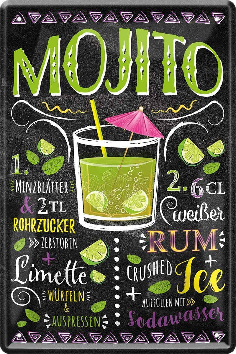 WOGEKA ART Metallbild Mojito - Cocktail Rezept Rum - 20 x 30 cm Retro Blechschild Bar