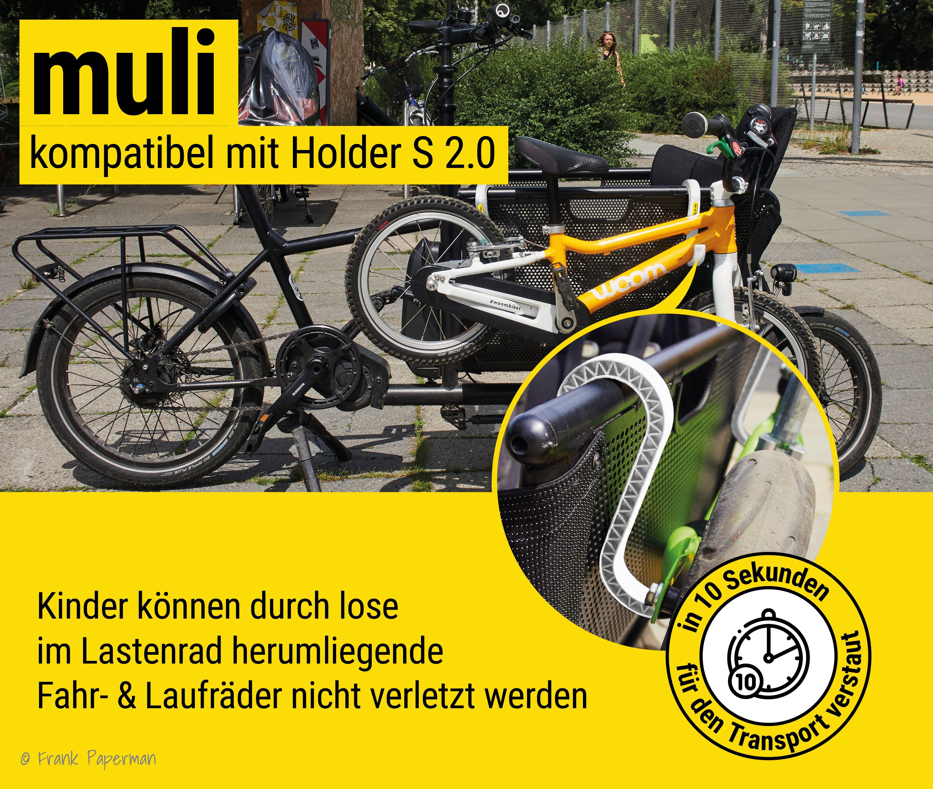 Frank Paperman bicycle cargo trailer, child bicycle holder, cargo bike transport hook for Babboe, Bakfiets, Muli, cargo bike balance bike holder