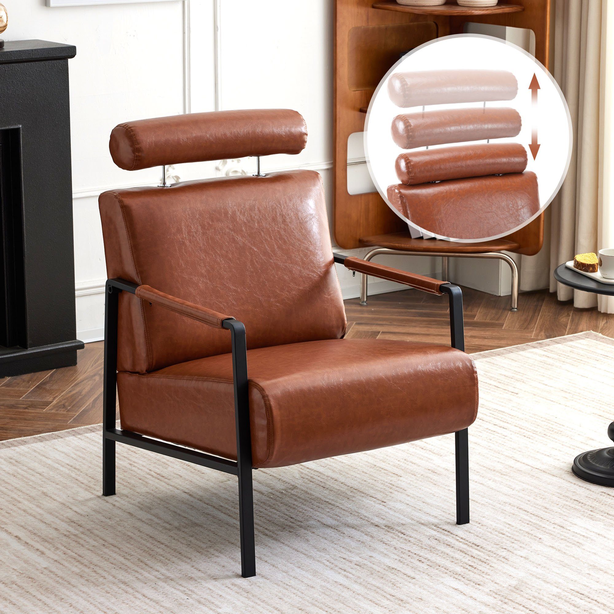 Merax Sessel aus Kunstleder, Loungesessel, Relaxsessel, mit Metallrahmen und Polsterung, verstellbarer Kopfstütze