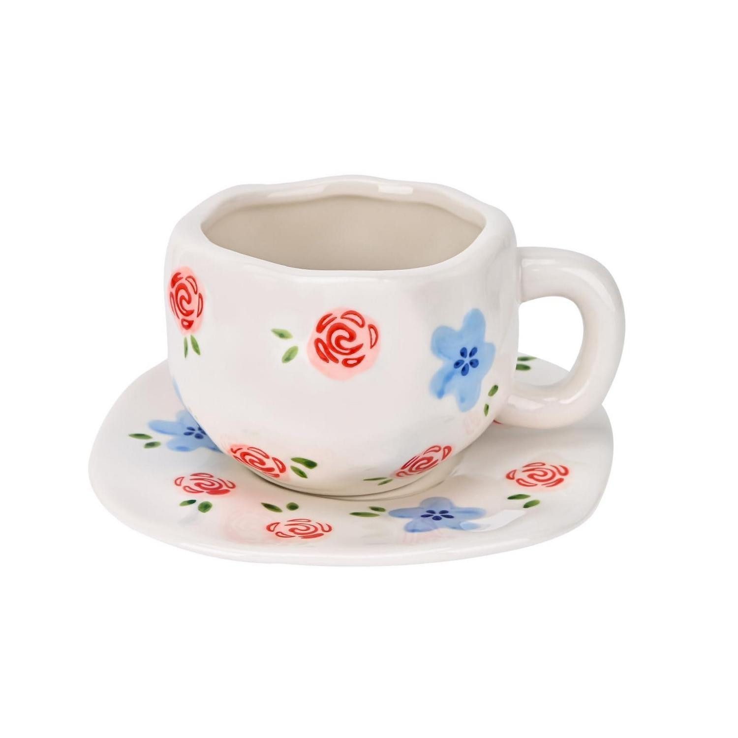 LuxusKollektion Tasse Kaffeetasse mit Untertasse, Rote Rose, 300ml, Keramik
