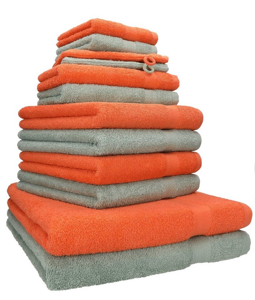 Duschtücher heugrün, Waschhandschuhe 100% Premium 2 12-TLG. Handtuch (12-tlg) Baumwolle, blutorange 100% 2 Handtücher Betz 2 4 Gästetücher Set Set Handtuch Farbe Seiftücher Baumwolle 2