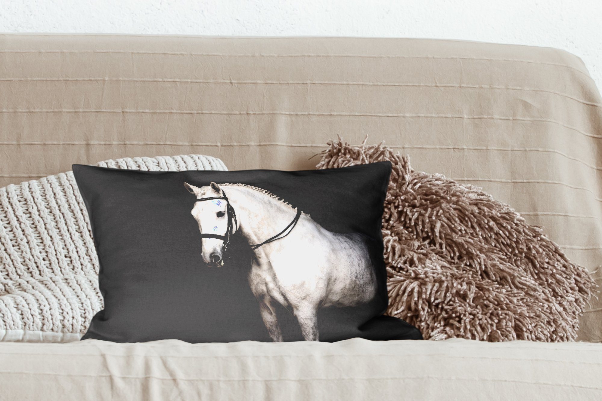 MuchoWow Dekokissen Pferd - mit Schlafzimmer Schwarz, Zierkissen, Füllung, Dekokissen Dekoration, Wohzimmer Weiß 