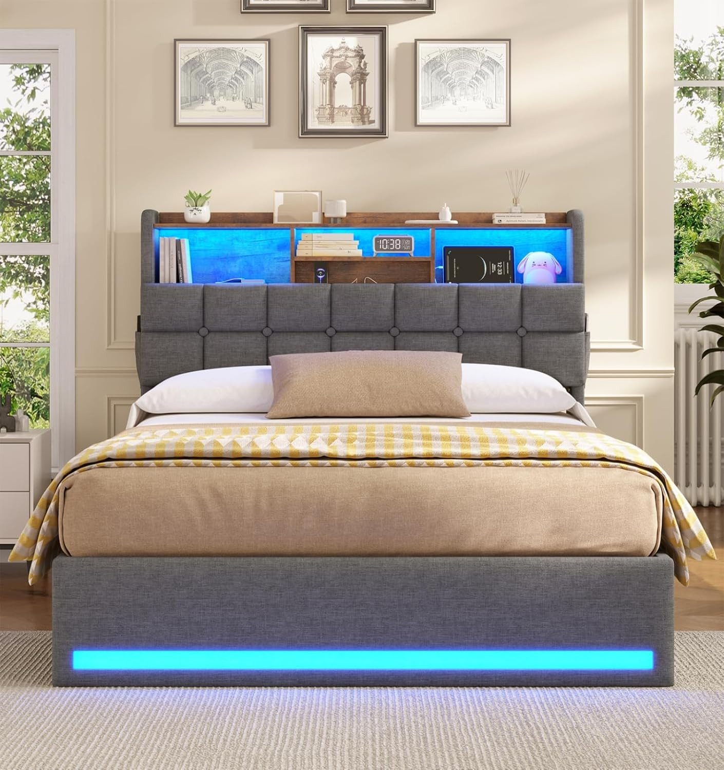 MSMASK Polsterbett Hydraulisches Stauraumbett mit LED-Bleuchtung, 90X200 cm (1-tlg., Ohne Matratze), Jugendbett mit USB- und Type-C-Anschlüsse, Leinenstoff – Bild 4 von 5