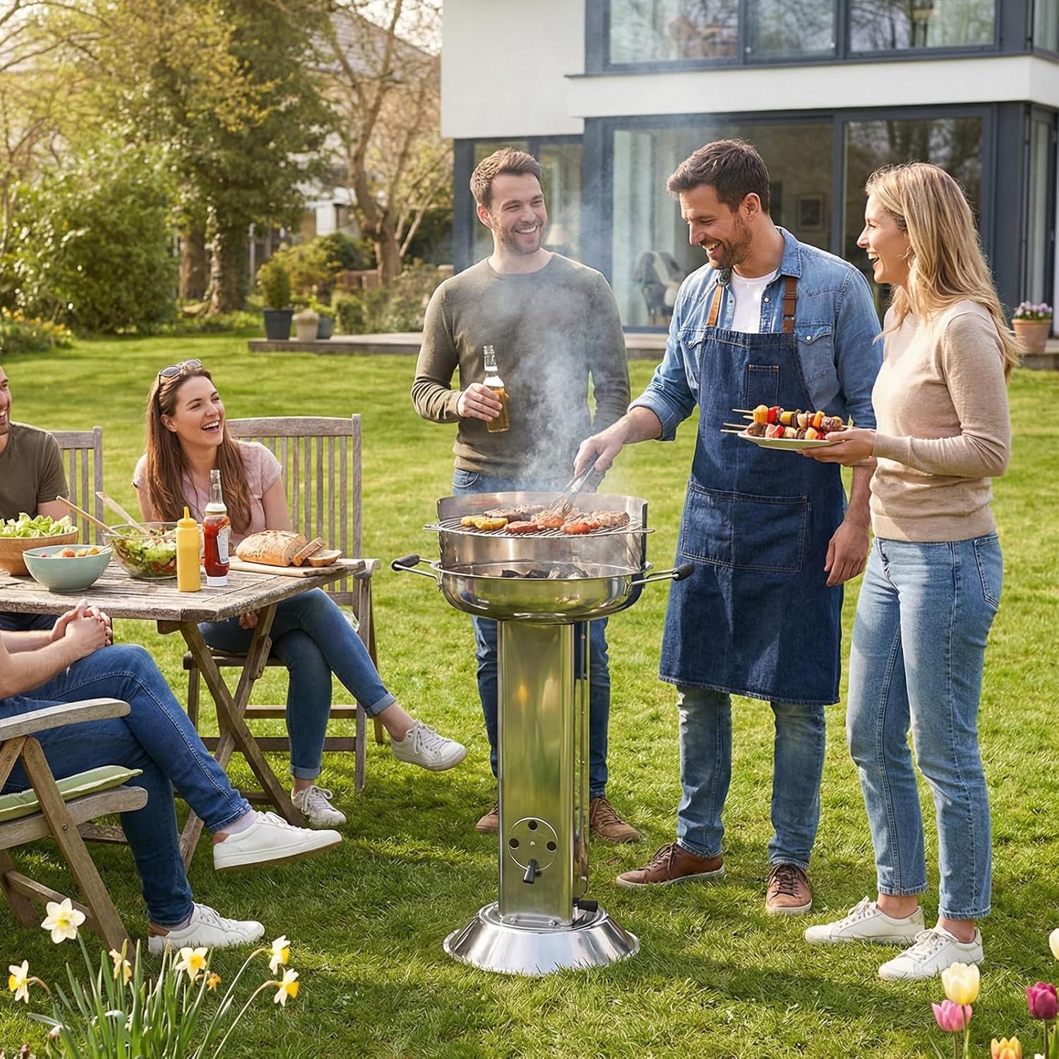 TLGREEN Holzkohlegrill Wetterfester Edelstahl 58*42*85cm, Säulengrill mit 4-fach höhenverstellbarem Grillrost, Aschekasten & Belüftung, Tragbarer BBQ Grill für Outdoor Camping Garten Balkon