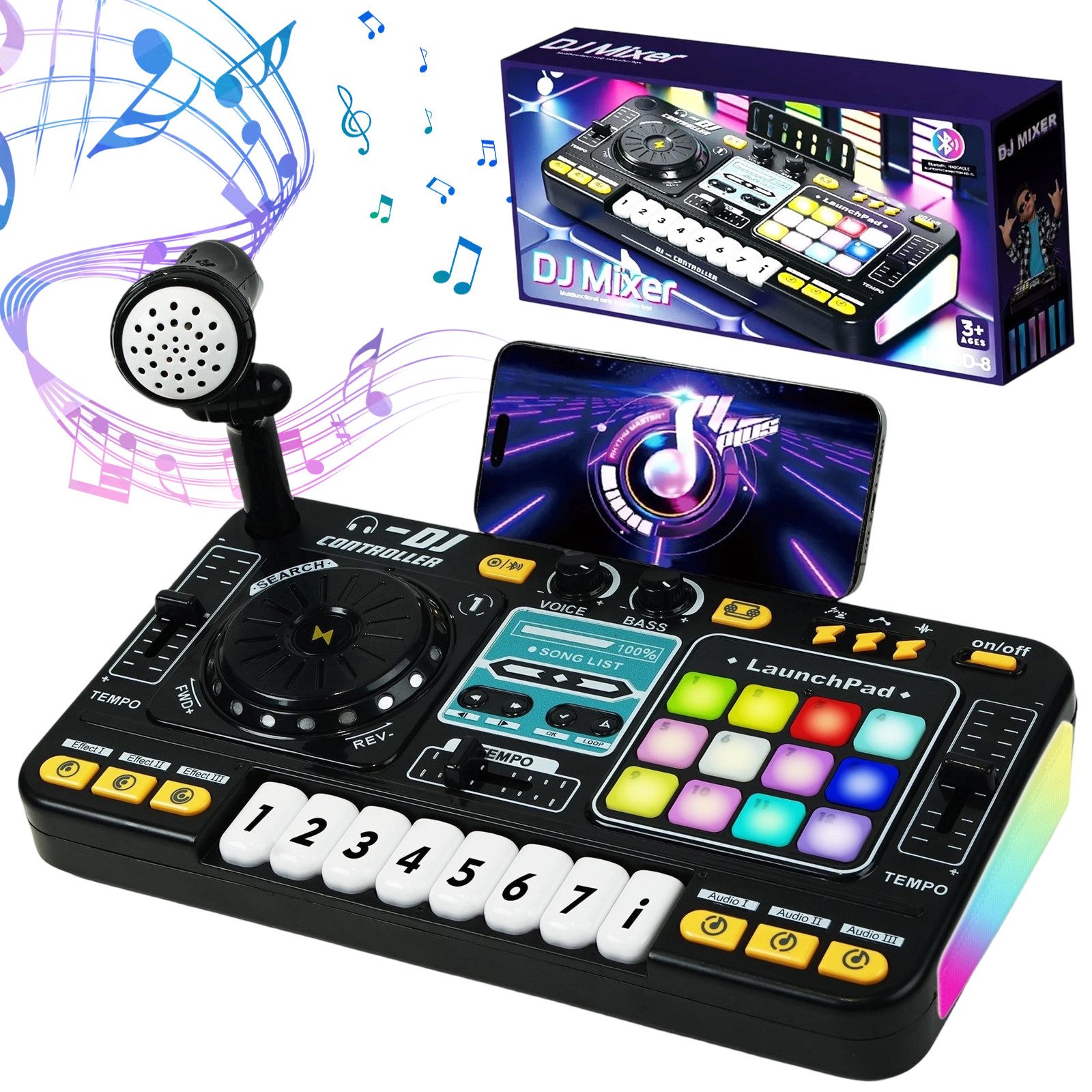 AKKEE Spielzeug-Musikinstrument DJ Mischpult DJ Pult für Kinder DJ Controller DJ Mixer, Musikinstrumente mit Mikrofon 100+ Soundeffekten Licht Akku