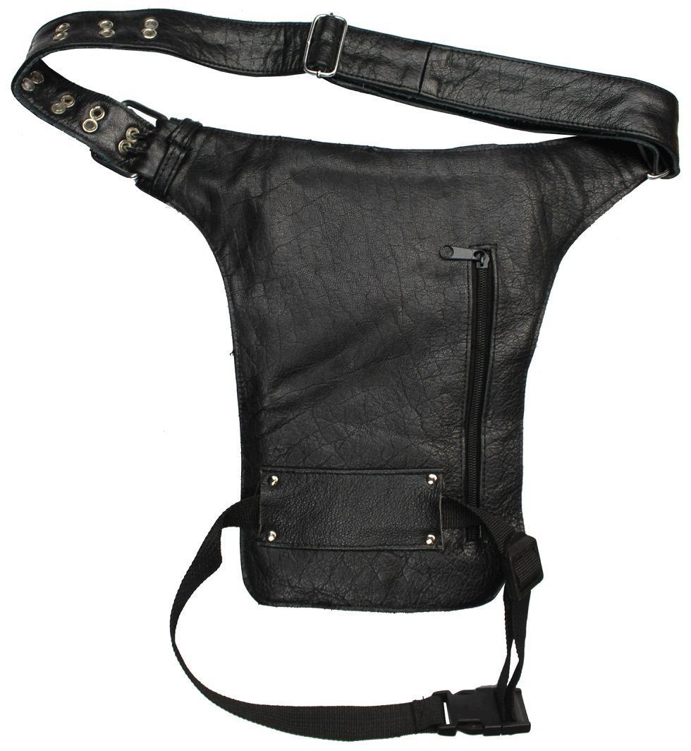 Alpha Speeds Beintasche / Bauchtasche aus echtem Leder Biker/Freizeit (2 Streifen) in Schwarz, hochwertiges Echtleder, 3 Frontfächer & 1 großes Rückfach