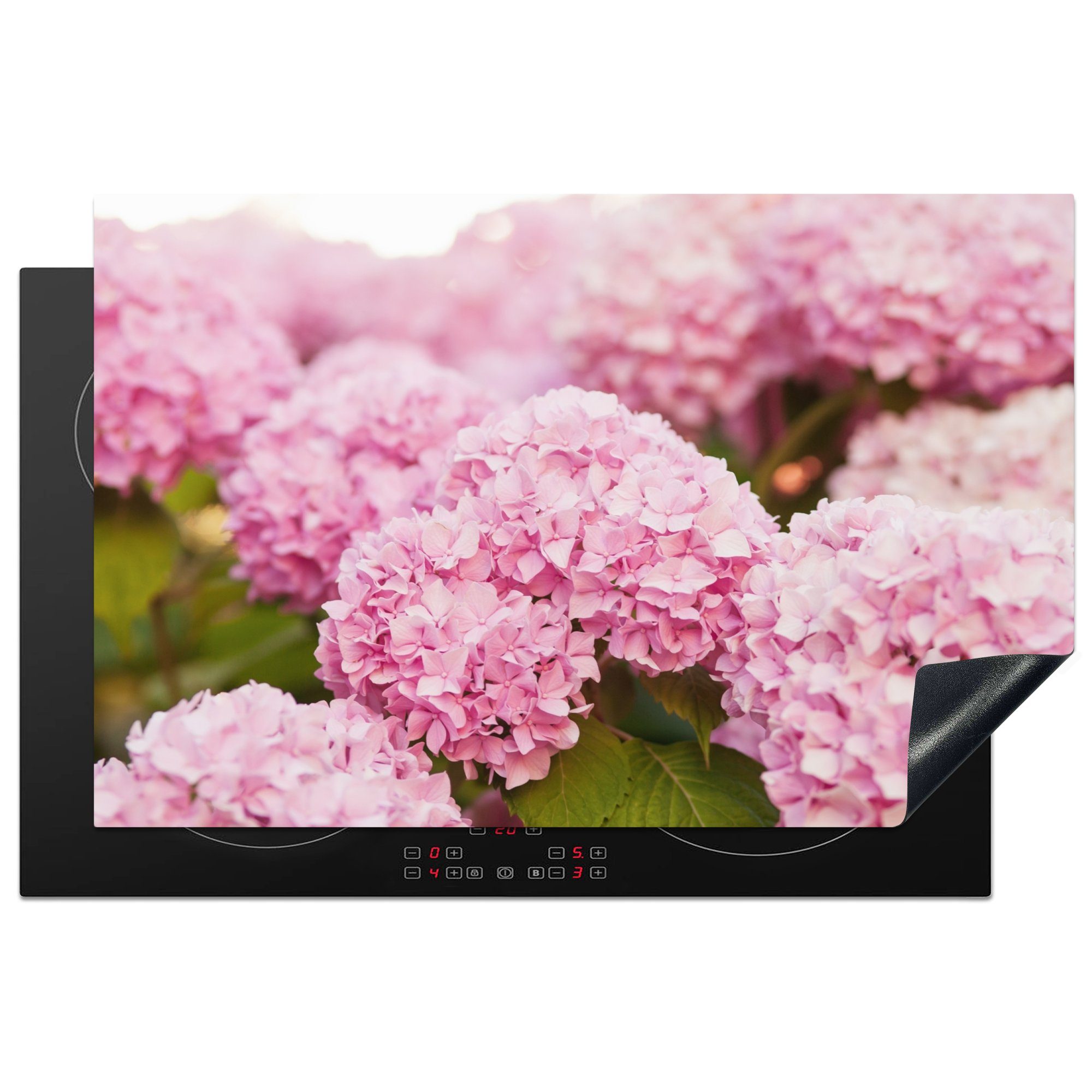 MuchoWow Herdblende-/Abdeckplatte Hortensie, Ceranfeldabdeckung die tlg), Blumen Induktionskochfeld Busch - - 81x52 (1 cm, - Schutz Vinyl, küche, für Rosa