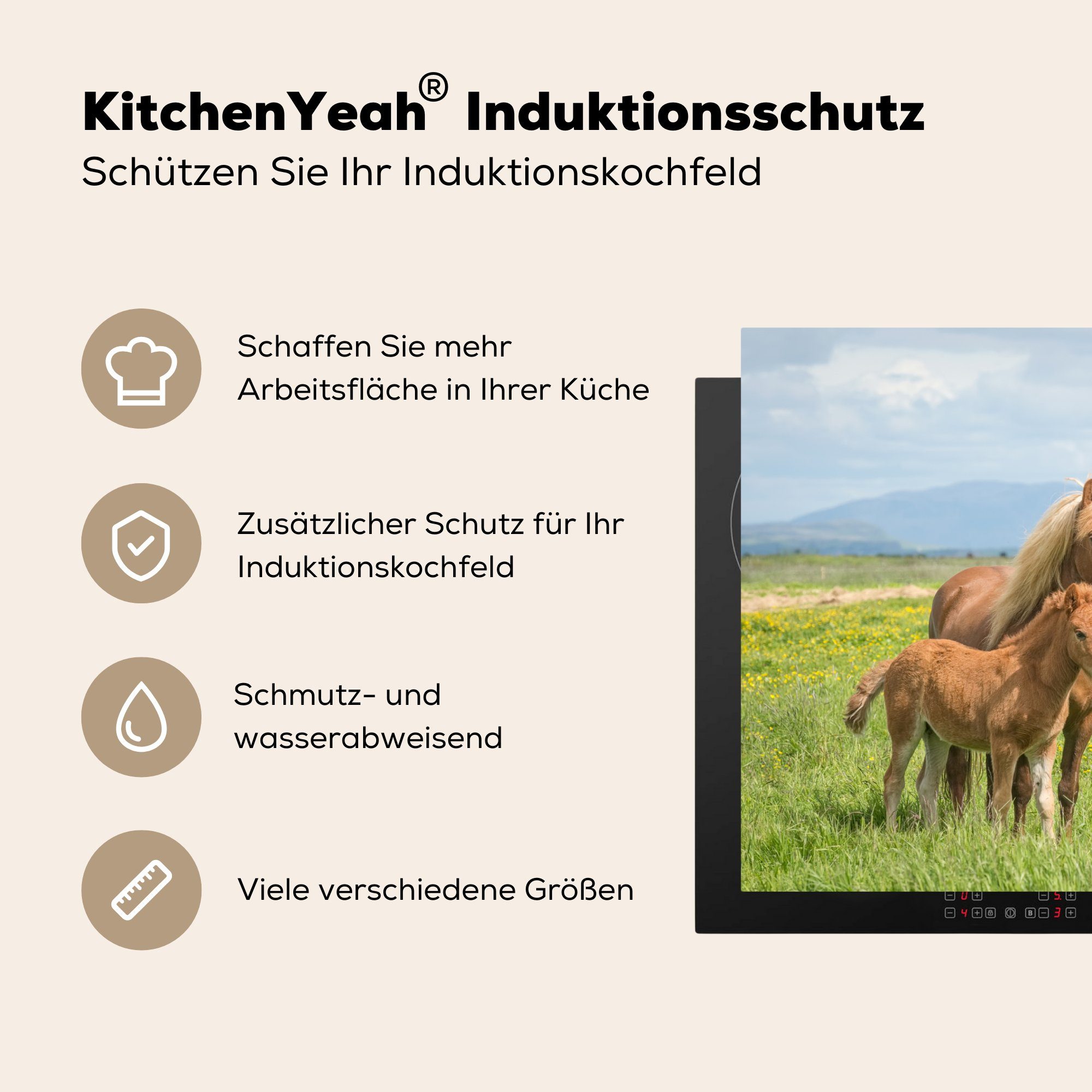 Gebirge, - (1 Fohlen Herdblende-/Abdeckplatte für Pferde cm, Schutz - MuchoWow küche, die Ceranfeldabdeckung Induktionskochfeld 81x52 Vinyl, tlg),