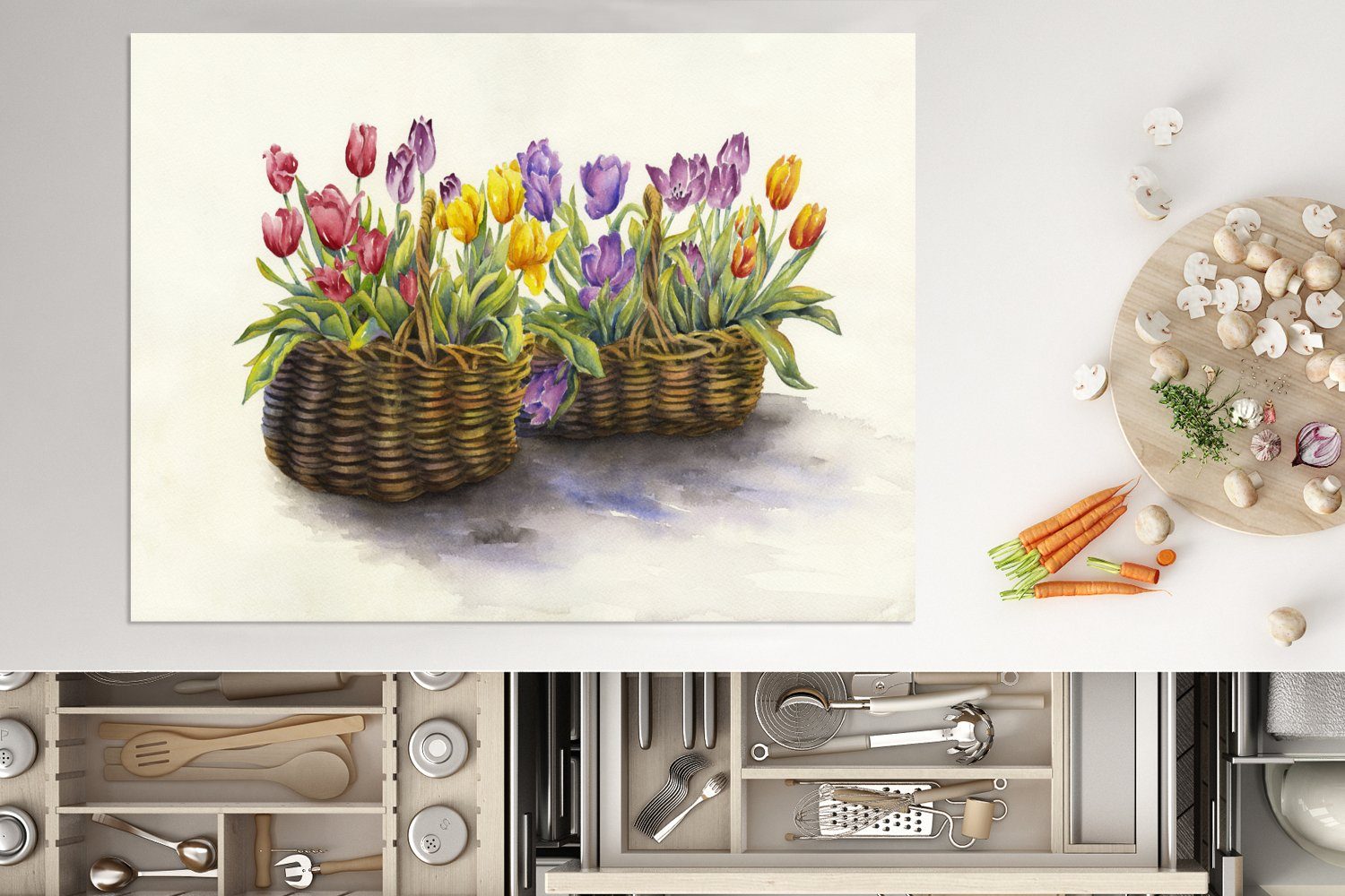 (1 Arbeitsfläche Herdblende-/Abdeckplatte MuchoWow - cm, Tulpen Aquarell, - - Korb Ceranfeldabdeckung Vinyl, 70x52 Mobile Blumen tlg), nutzbar,