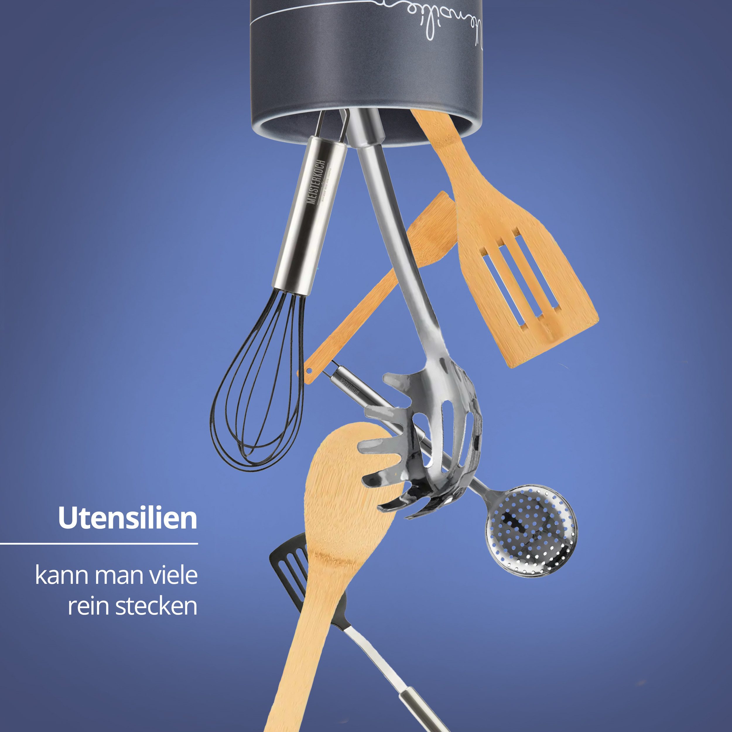 KHG Vorratsdose Utensilienhalter aus Steinzeug in Grau – für 8 Kochutensilien, Steingut, Küchen‑Utensilienhalter aus robustem Steinzeug perfekt für Kochbesteck
