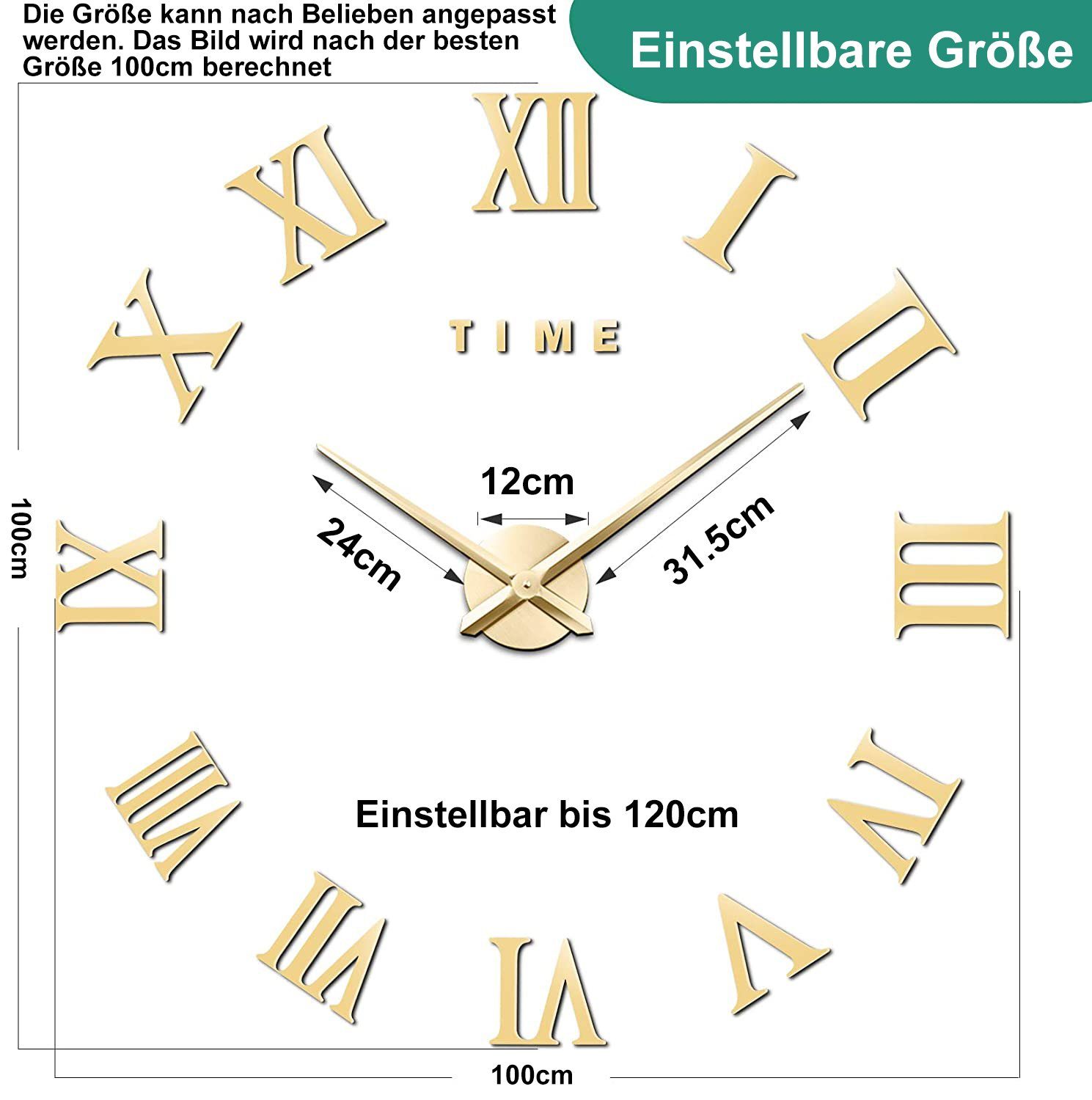 Vaxiuja Wanduhr Große 3D DIY Uhr Ziffern Dekoration riesige römische Wanduhr