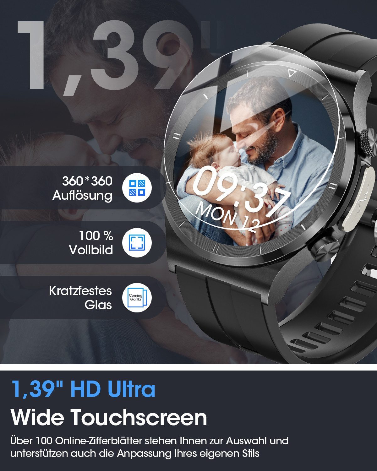 SWGOTA Smartwatch Herren mit ʙʟᴜᴛᴢᴜᴄᴋᴇʀ/EKG+PPG/Blutdruck/BMI-Überwachung Smartwatch (3.53 cm/1.39 Zoll) IP68 Wasserdichter Smartwatch Herren Militär mit 100+ Sportmodi, austauschbaren Armbänder, Fitnesstracker mit Herzfrequenz/SpO2/ɴɪᴄʜᴛ-ɪɴᴠᴀɪᴠᴇ ʙʟᴜᴛᴢᴜᴄᴋᴇʀᴍᴇᴜɴɢ