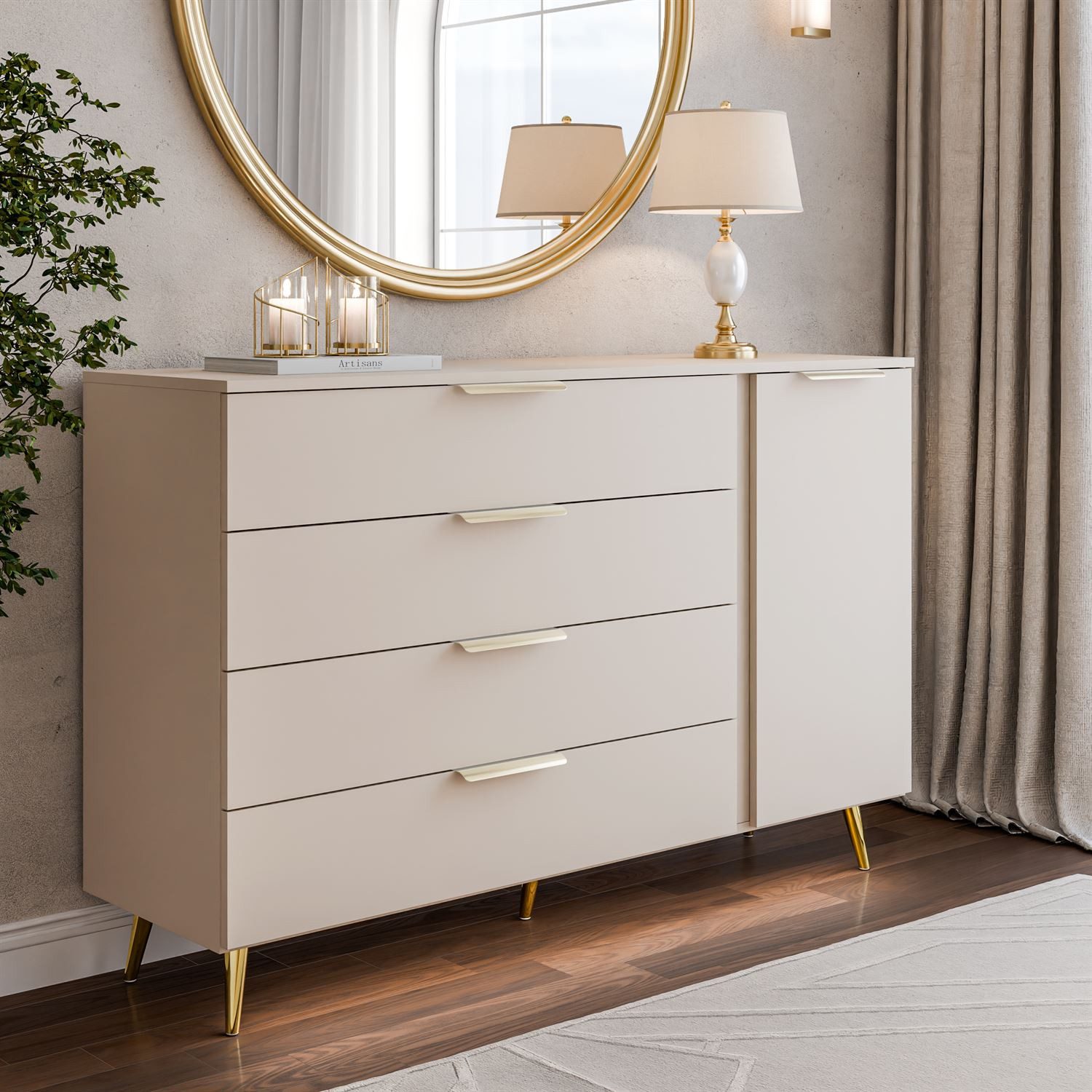 Lookway Kommode LINA KASCHMIR 1D4S mit LED Beleuchtung auf hohen Füßen