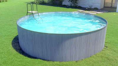 Steinbach Pool Rundpool Stahlwand Pool "New Splasher Secure" (graue Holzoptik, Ø 350 x 90 cm), Handlauf und Bodenschienen