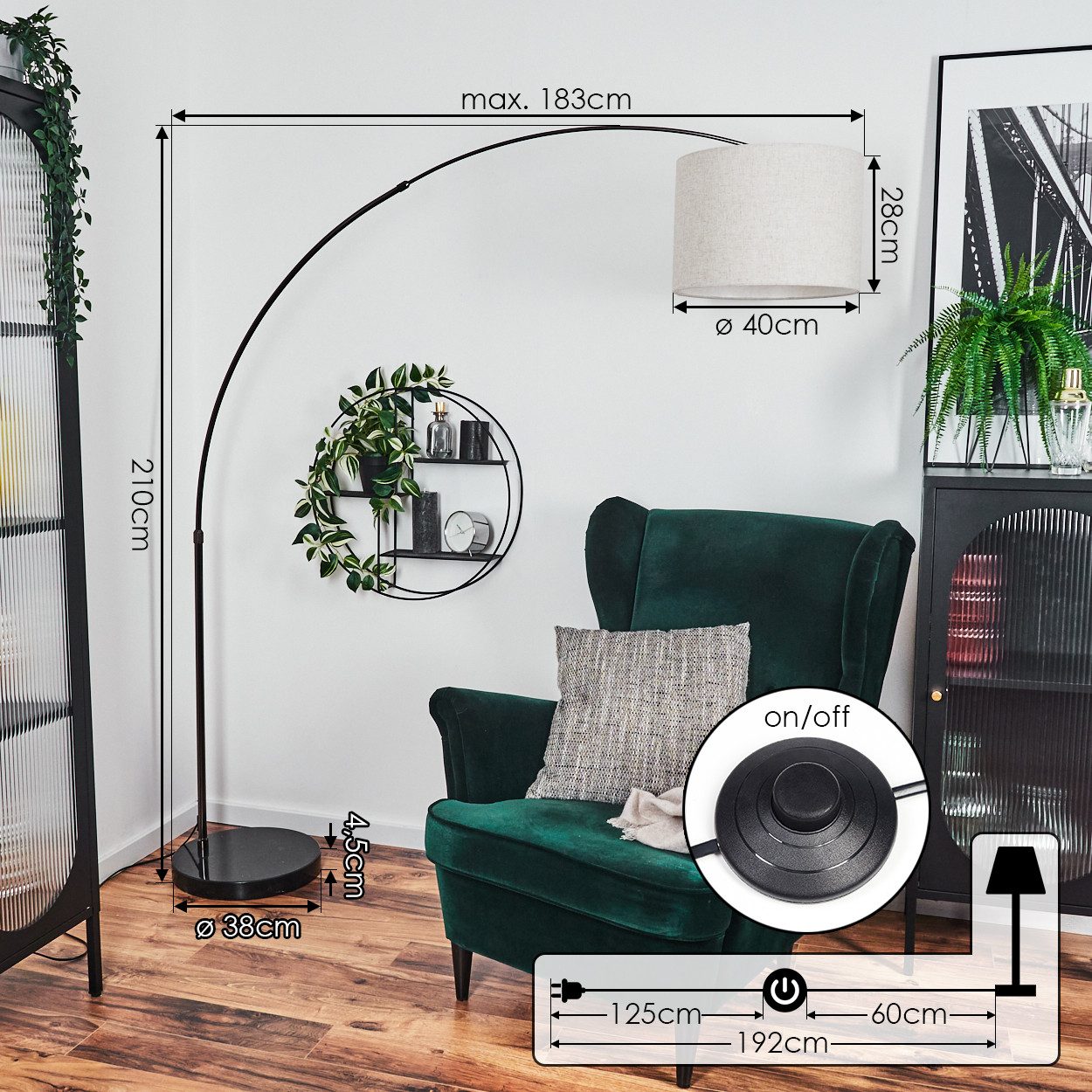 hofstein Bogenlampe Stehlampe mit Marmorfuß aus Metall/Stoff in Schwarz/Chrom/Beige/Weiß, Stehleuchte im modernen Design, Ø 40 cm, Fußschalter, E27 – Bild 4 von 5