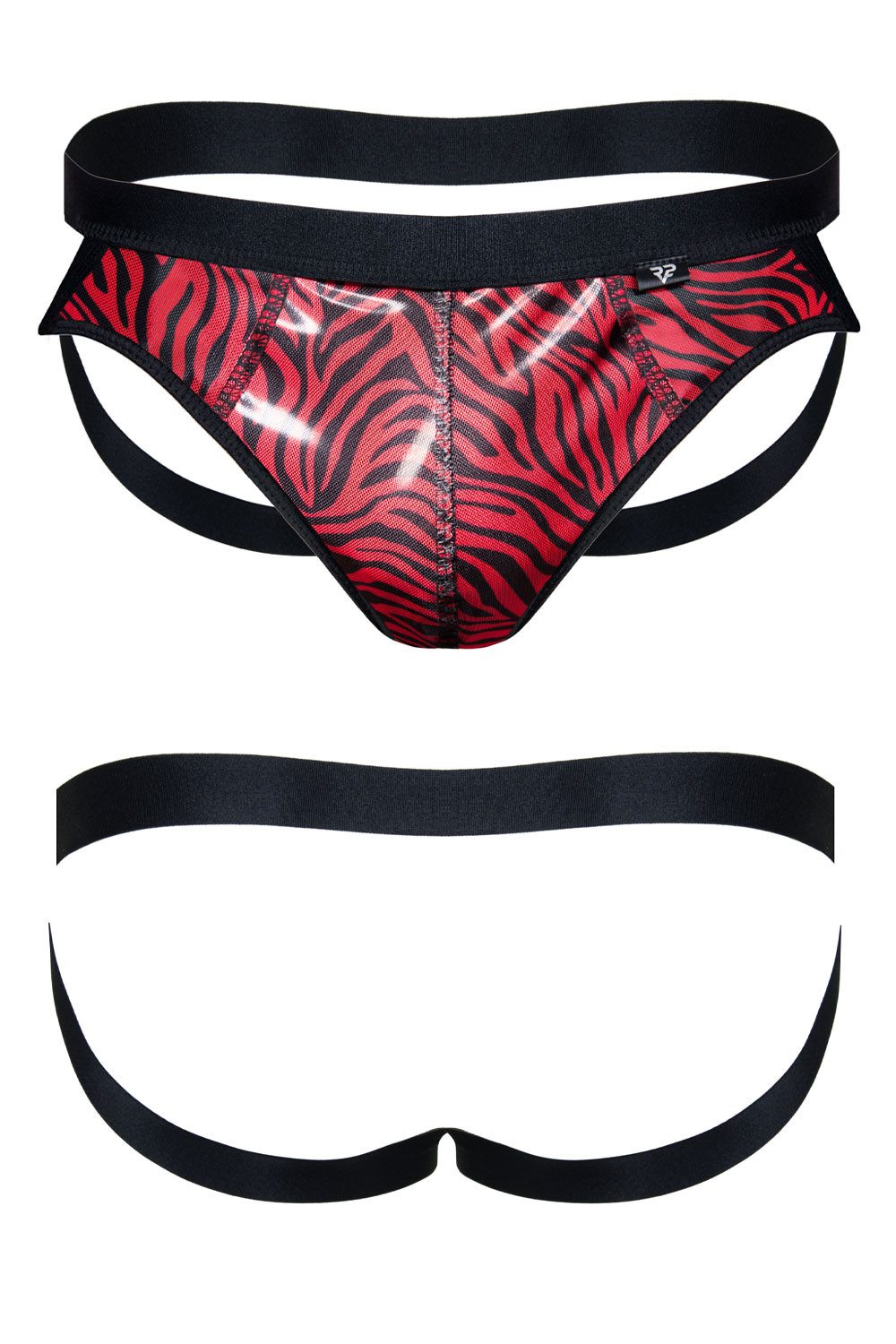 Slip Herren Jock Strap schwarz/rot aus Lack-Material und feinem Netz