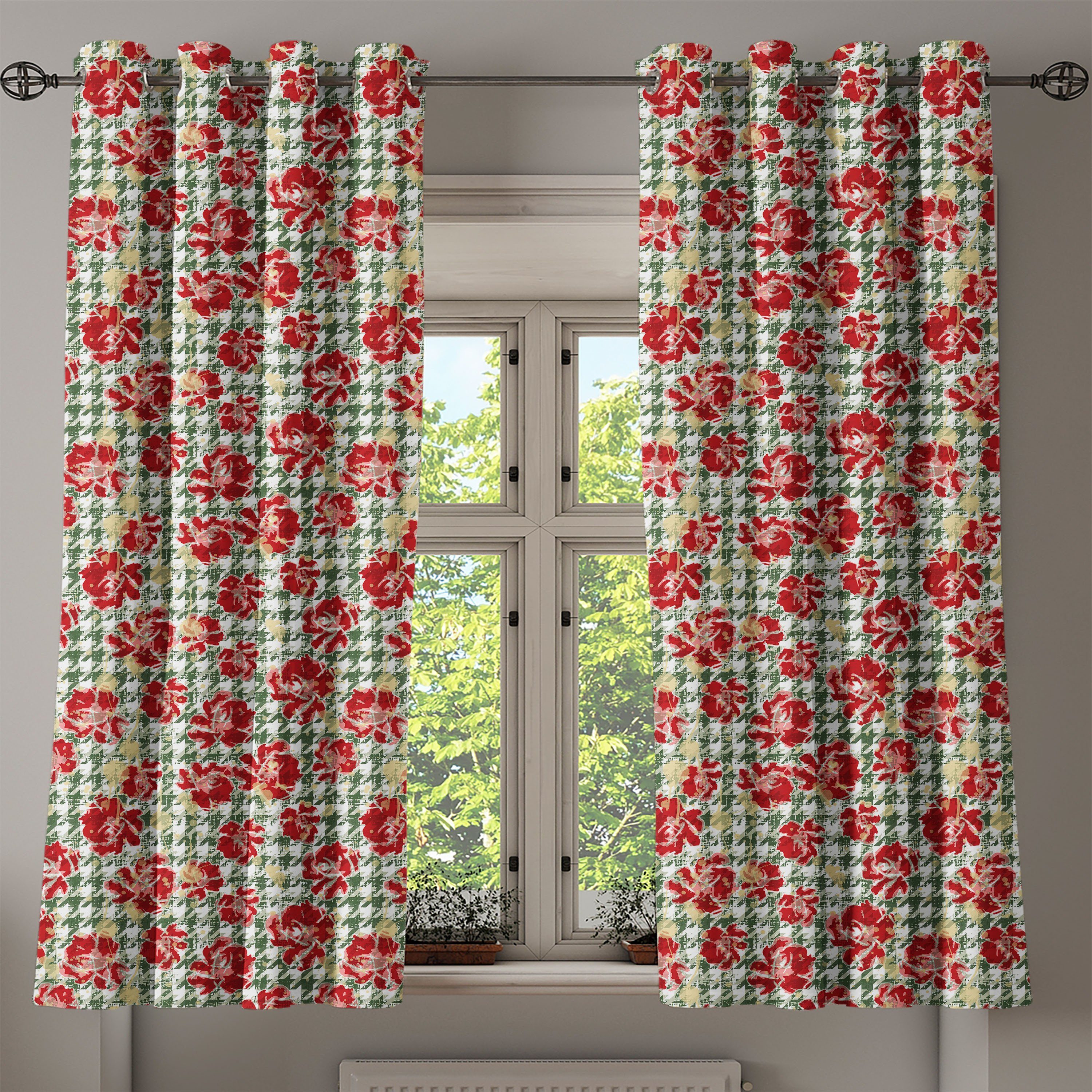 Dekorative Wohnzimmer, für Blumen Schlafzimmer 2-Panel-Fenstervorhänge Scottish Gardine Abakuhaus, Houndstooth