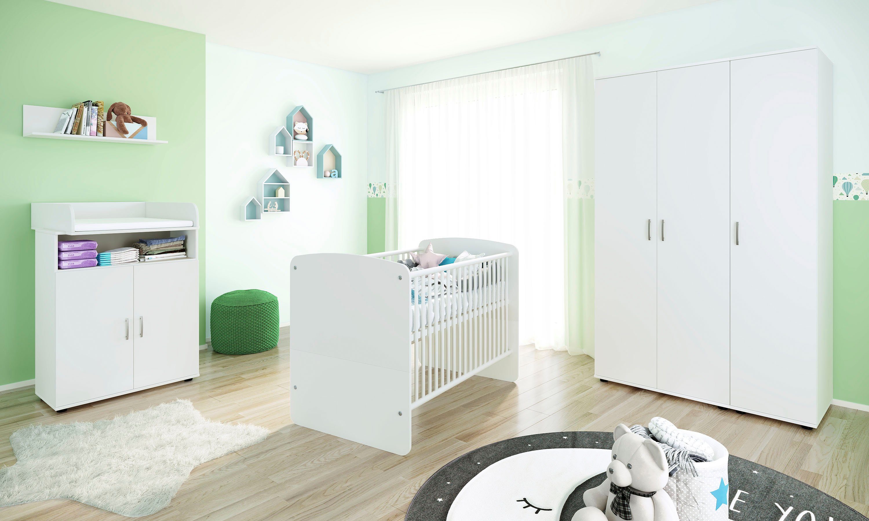 Lüttenhütt Babymöbel-Set, Wandboard, Babybett, Wandboard, (Set Regal, Schrank Wickelaufsatz, Kommode, Schrank), Kommode, Babybett, Weiß aus: Wickelaufsatz, Set aus: Regal