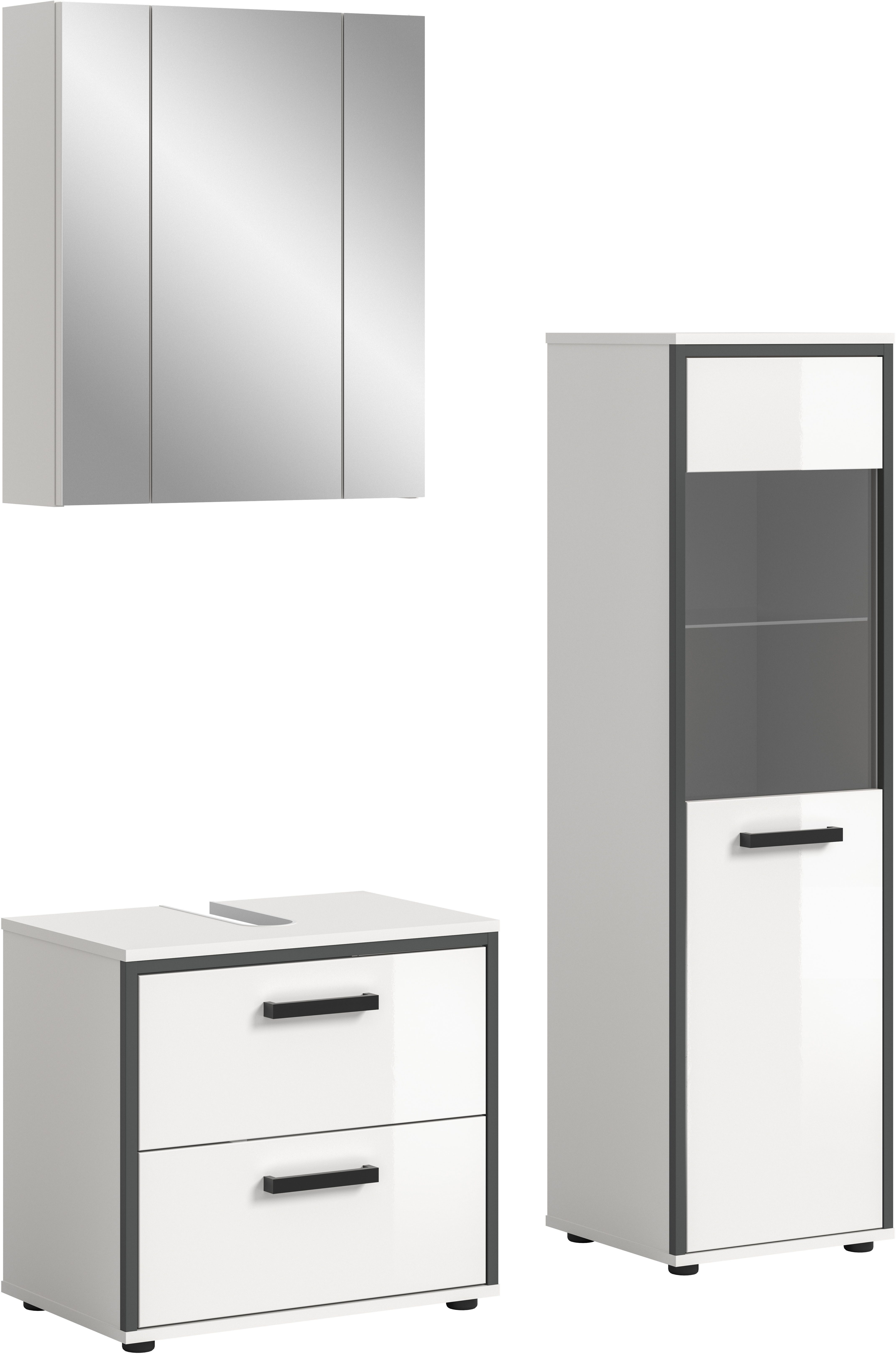 welltime Badmöbel-Set KAJO, 3-tlg. Badkombination, weiß hochglanz, (Set, 3-St., Set, best. aus:1 Midischrank,1Spiegelschrank,1Waschbeckenunterschrank), Bad-Kombination,Bad-Möbel,Badezimmer,Kombinationen,Kombi