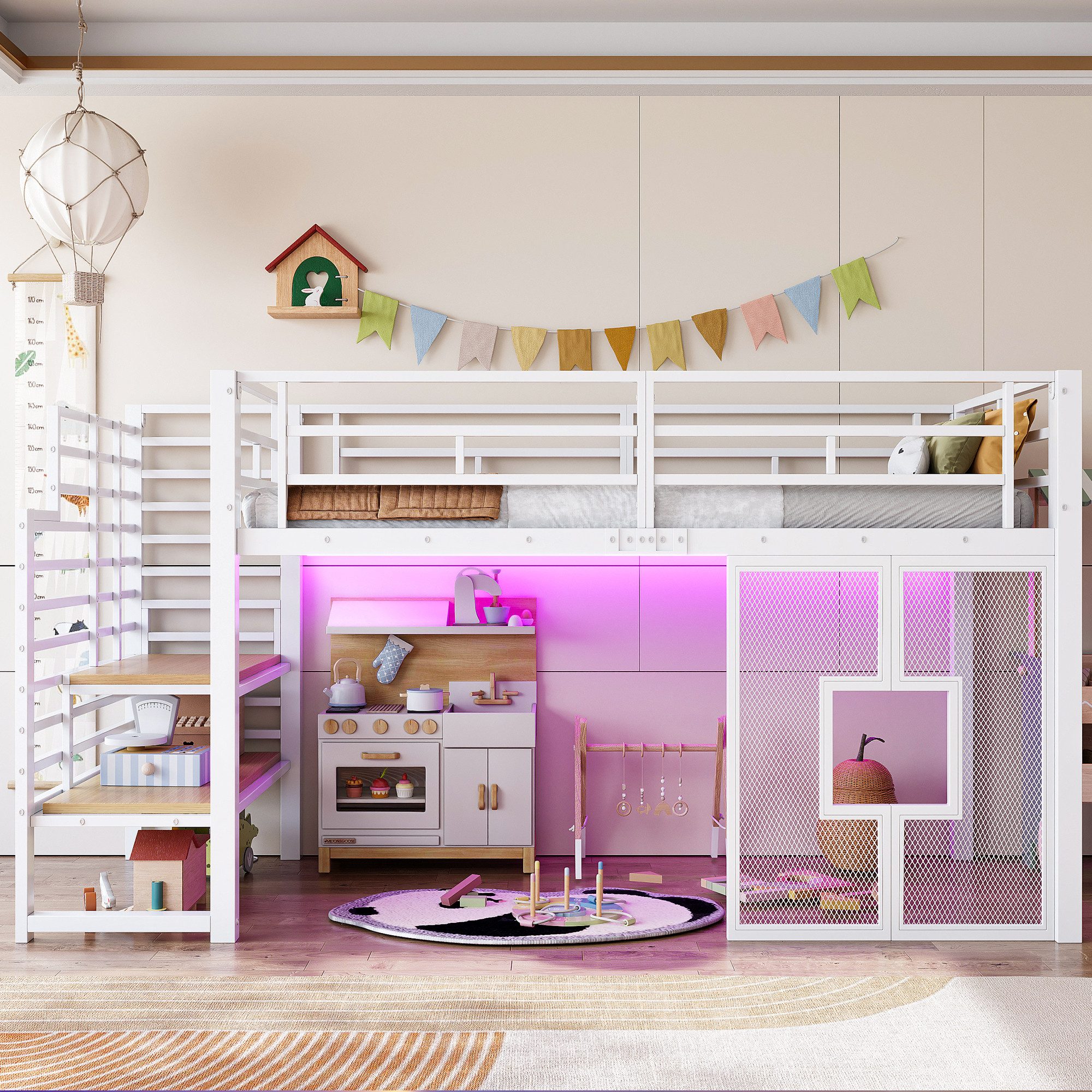 Odikalo Hochbett Kinderbett Jugendbett 90x200 mit LED und Stauraum (90x200 cm großes Metall-Hochbettgestell mit Treppe, Stauraum, LED-Beleuchtung und Fenstern, Schwarz / Weiß)