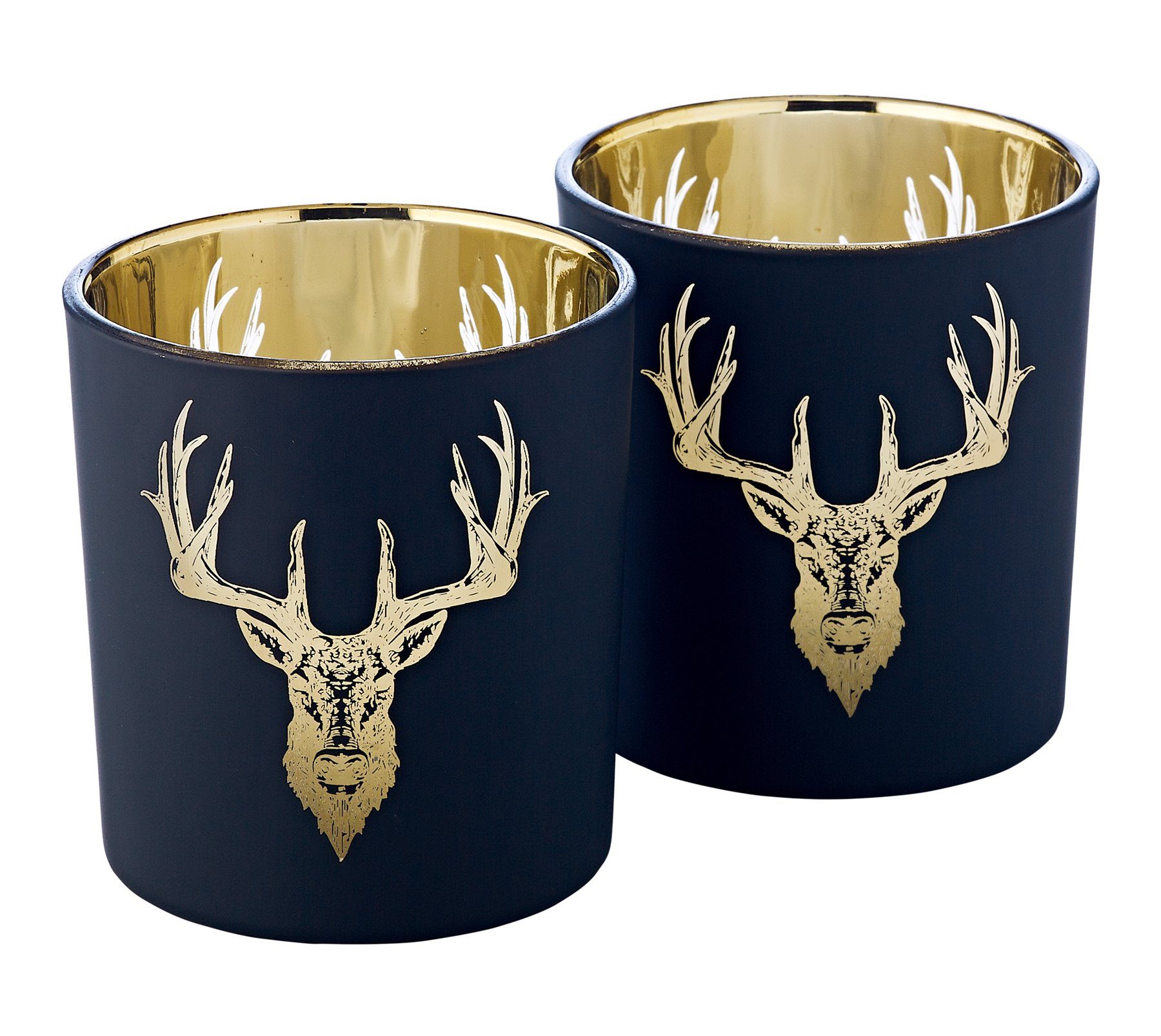 EDZARD Windlicht Lio, Glas, Hirsch-Motiv, schwarz und gold, H 8 cm, Ø 7 cm