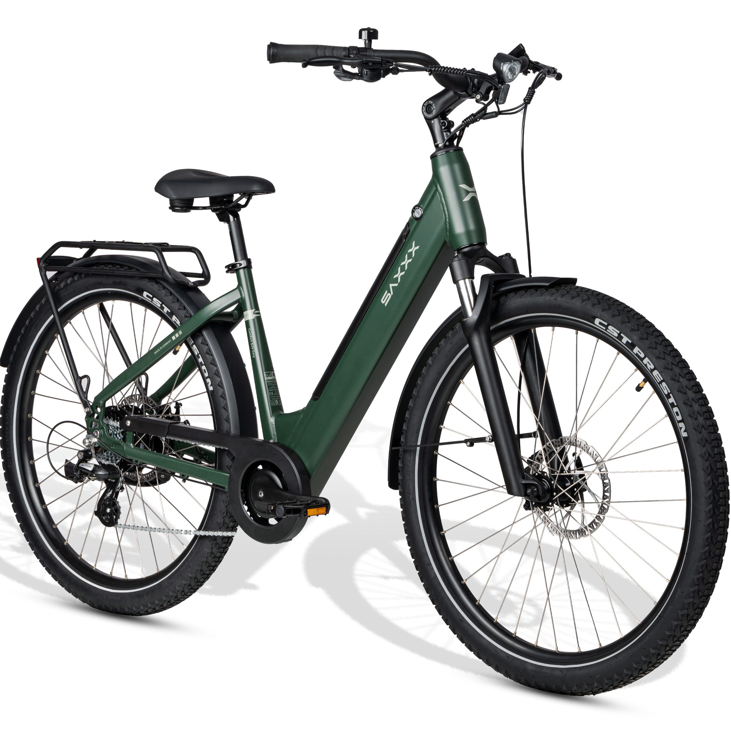 SAXXX E-Bike Cityrad 28 Zoll Damen/Herren, SAXXX CSE/SUV, 468Wh, 95 % vormontiert, 7 Gang SHIMANO Altus Schaltwerk, Kettenschaltung, Hinterradmotor, 468 Wh, (mit Tiefeinstieg, mit Gepäckträger, abnehmbarer Akku), 250W Heckmotor, Pedelec E-Citybike, Elektr