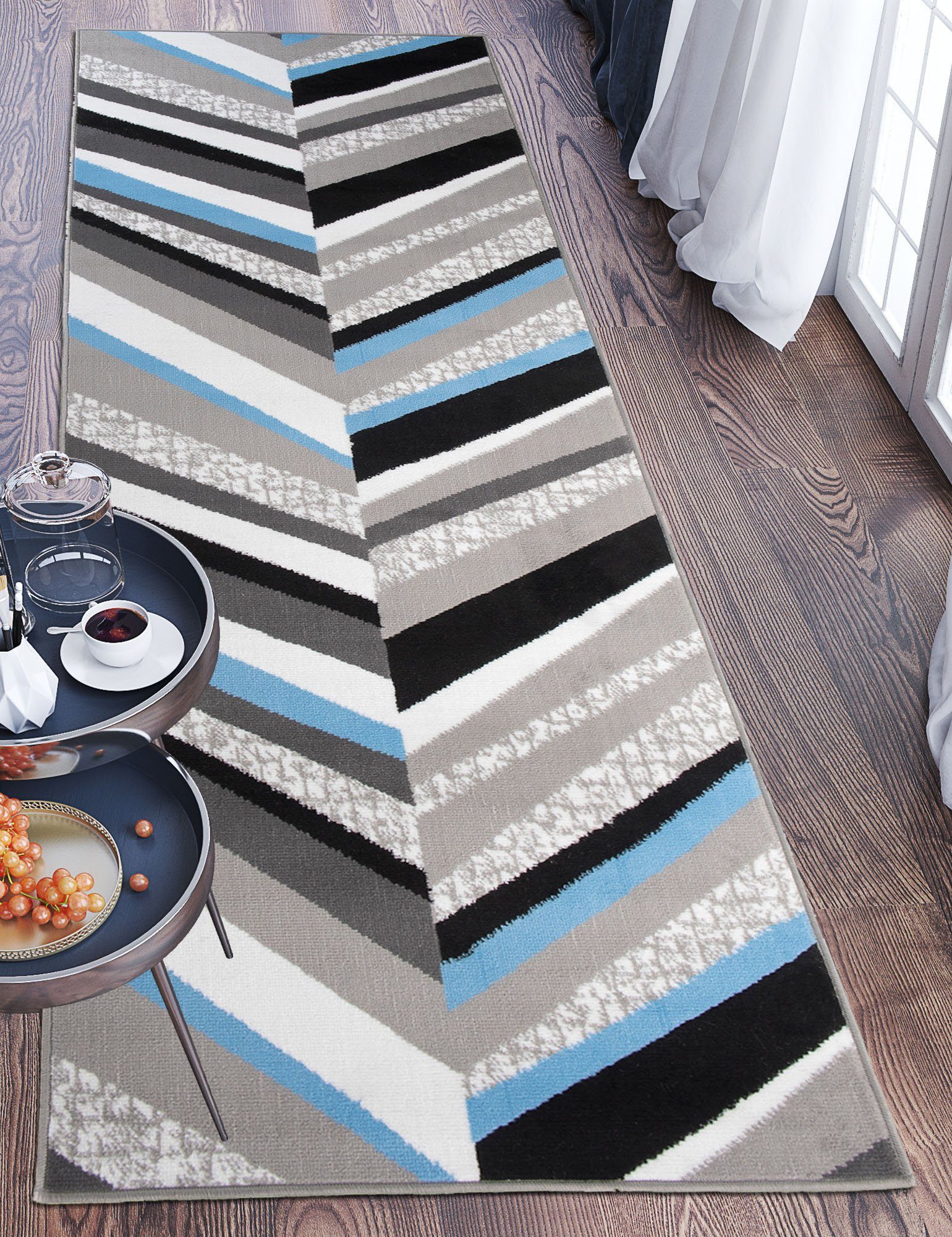 Mazovia Läufer Läufer Flurläufer Modern für Vorzimmer 100 cm Breit Grau Blau, 100 x 1500 cm, Kurzflor, Meterware, Höhe 8 mm