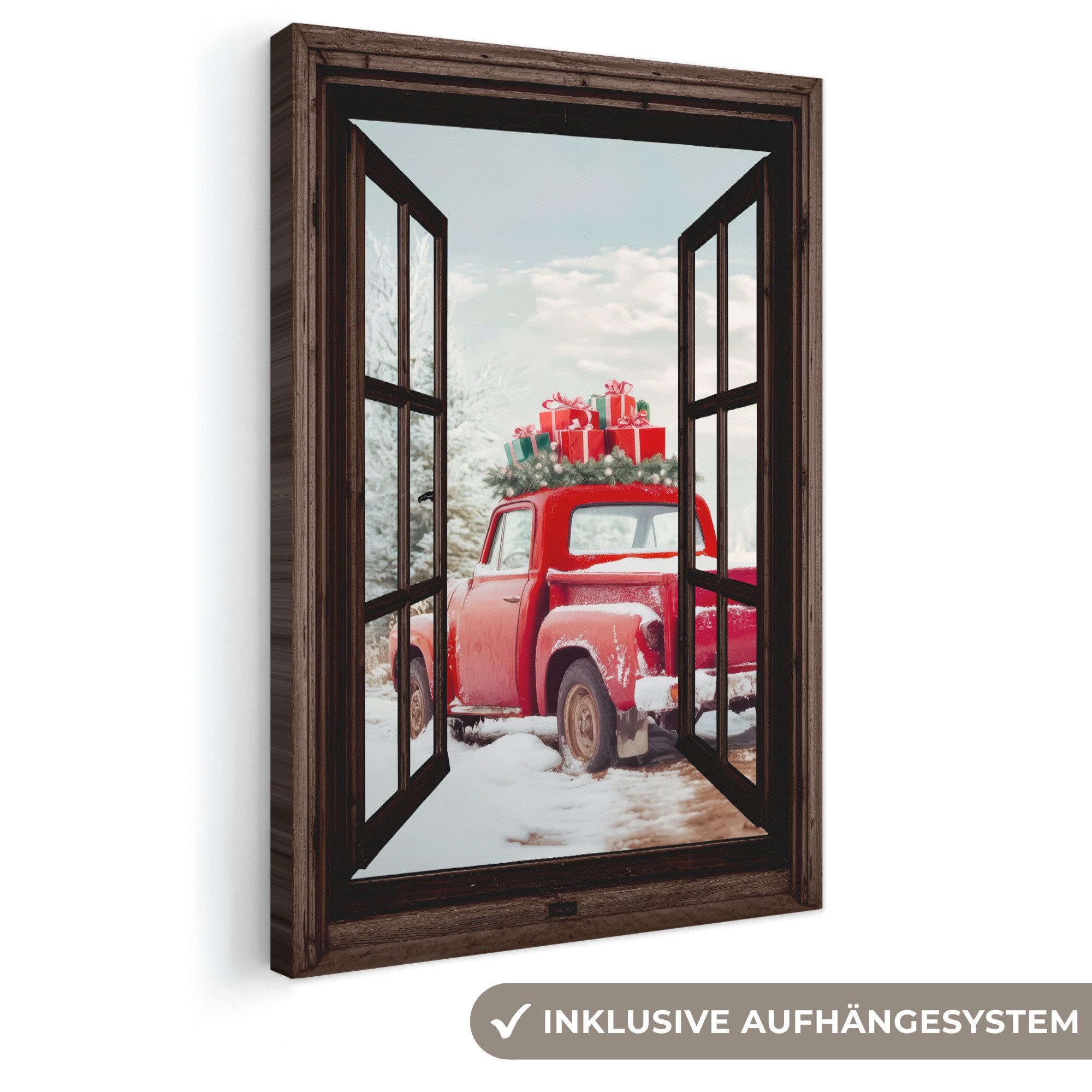 OneMillionCanvasses® Leinwandbild Fensterblick - Auto - Rot - Winterlandschaft - Weihnachten, Fotodruck (1 St), Leinwand Canvas Wandbild, Wanddekoration 20x30 cm