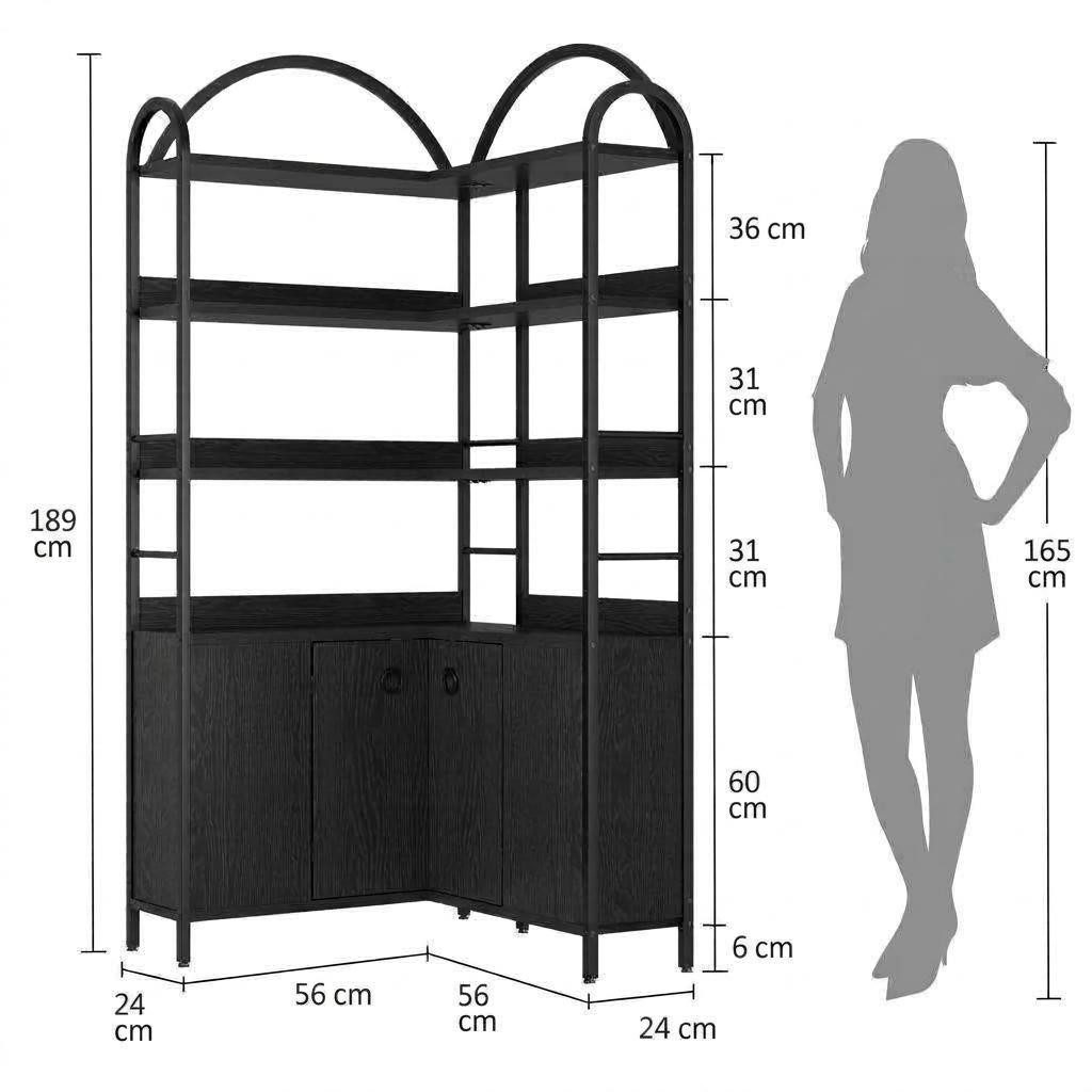 GarveeMore Bücherregal 6 Ebenen L-förmiges Eckregal Ablageregal Stauraumregal Mehrzweckregal, 189 cm Bogen Eckbücherregal Aktenregal Regal Standregal, Metallrahmen