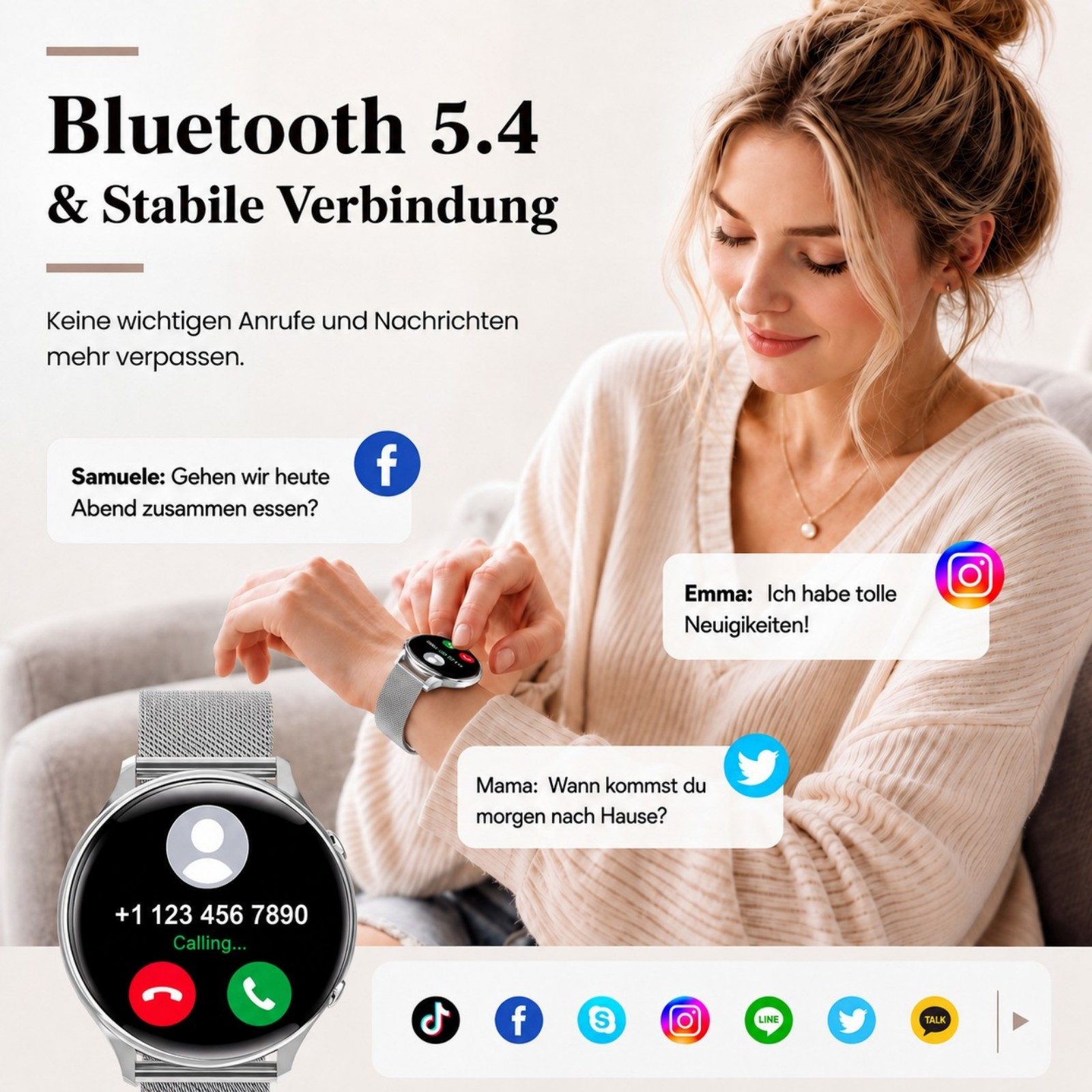 Whraills Smartwatch Damen 4.7mm ultradünn mit 120+ Sportmodi/Pulsuhr/Blutdruck Smartwatch 1,43″ AMOLED Display Fitnessuhr Damen mit SpO2/Schlafmonitor,Zyklus, Stressmessung,Atemtraining,20 Tage Akku,IP68, Geschenk für Frauen