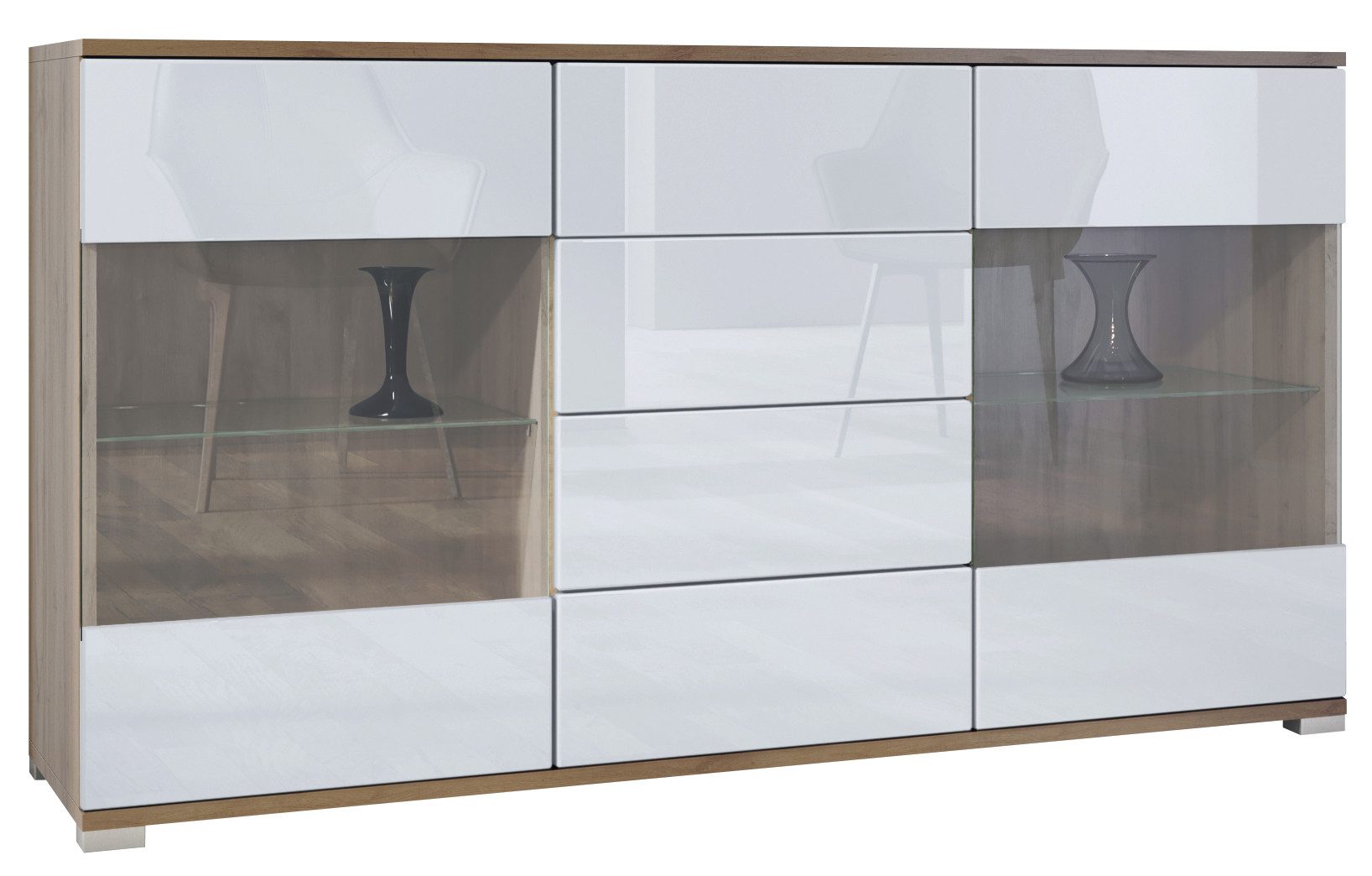 Vladon Sideboard Bari V1 (Kommode mit 2 Türen, 4 Schubladen und 2 flexible Glaseinlegeböden), Eiche Evoke/Weiß Hochglanz (138,5 x 75,5 x 35)
