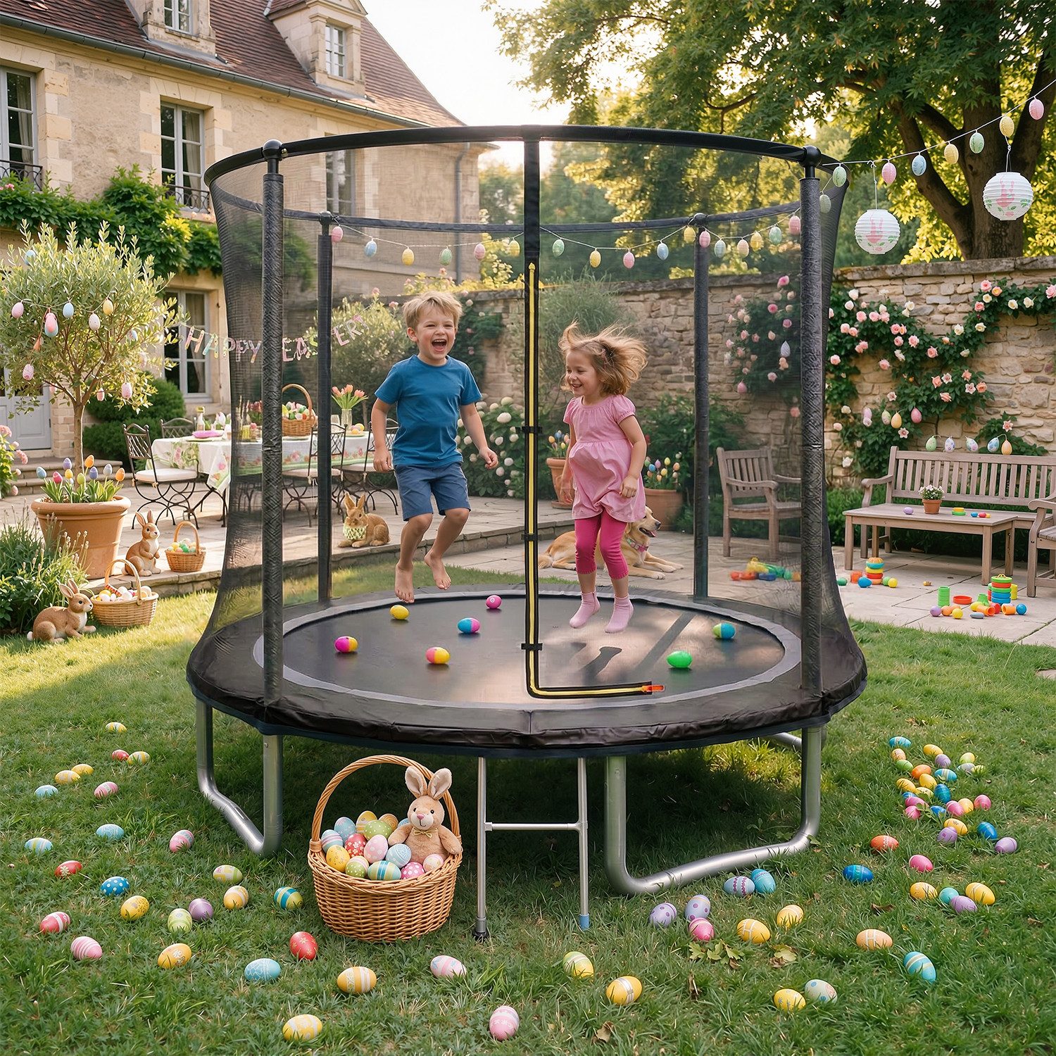 HOMALL Gartentrampolin Kindertrampolin, Outdoor-Trampolin, Durchmesser 183/222/290/360 cm, Ø 183 cm, (Ausgestattet mit Sicherheitsnetz, Leiter und 360°-Gelander, maximale Tragkraft 150 kg,ostern geschenke)
