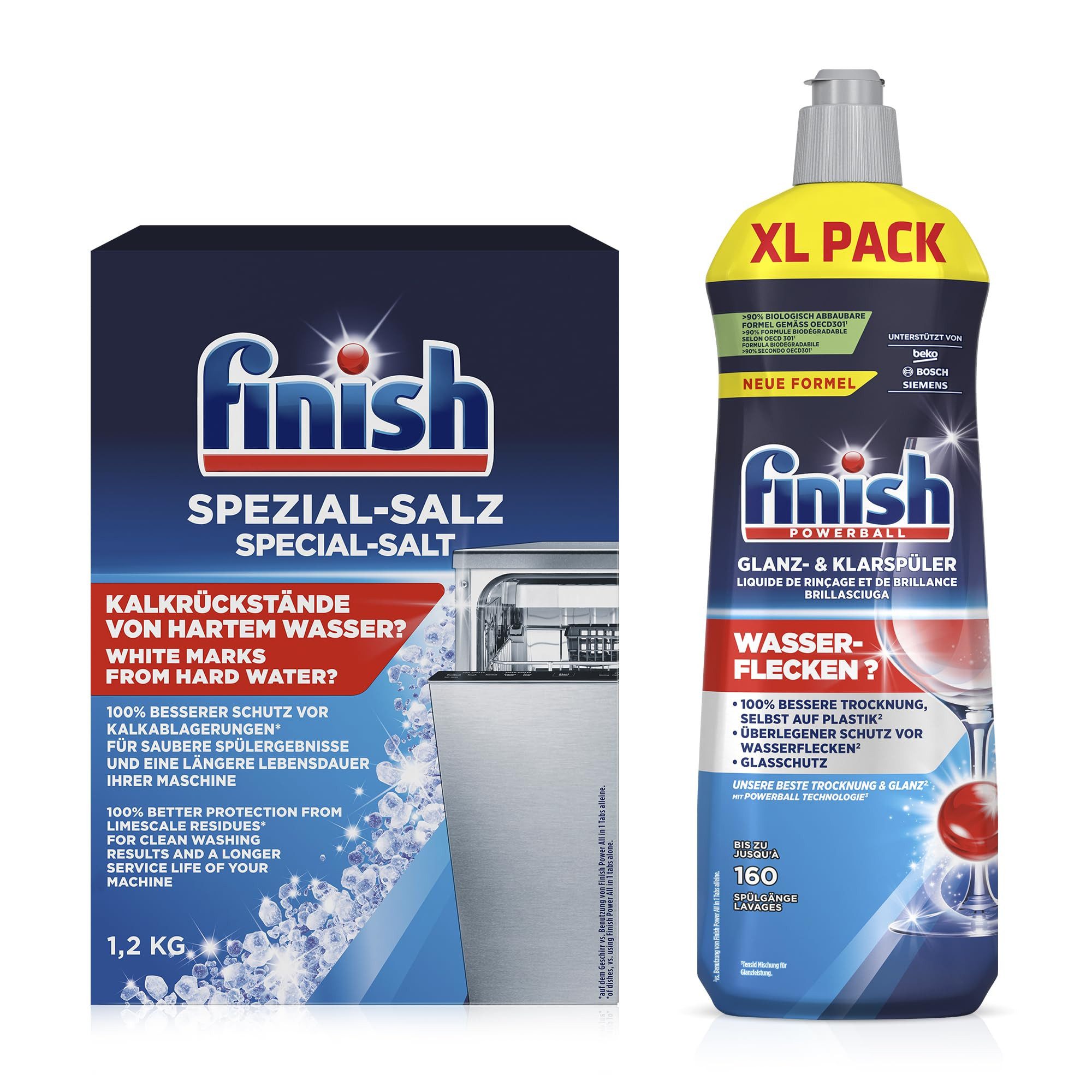 FINISH Klarspüler (800ml) & Spezial Salz (1,2 kg) Klarspüler (Spülmaschinenpflege-Set, [2-St. gegen Kalk & Flecken)