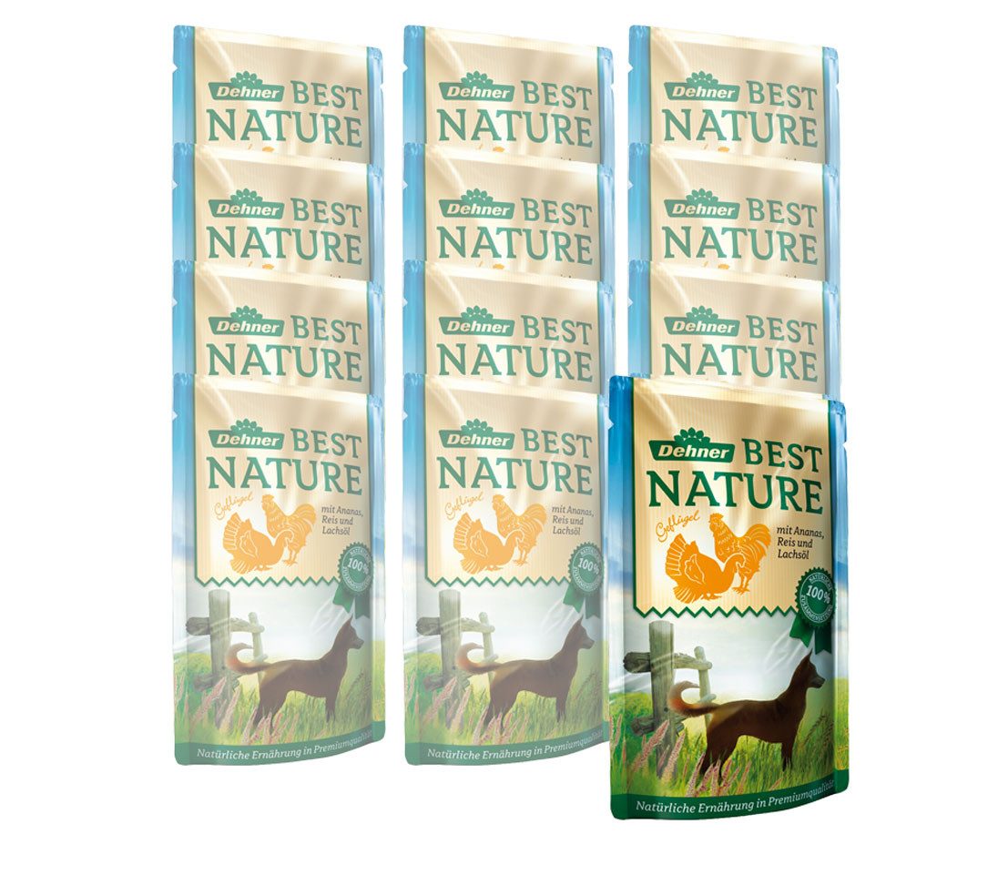 Dehner Best Nature Adult, versch. Sorten im Beutel, 12 x 150 g (1.8 kg) Geflügel, 1800g, Nassfutter für ausgewachsene Hunde