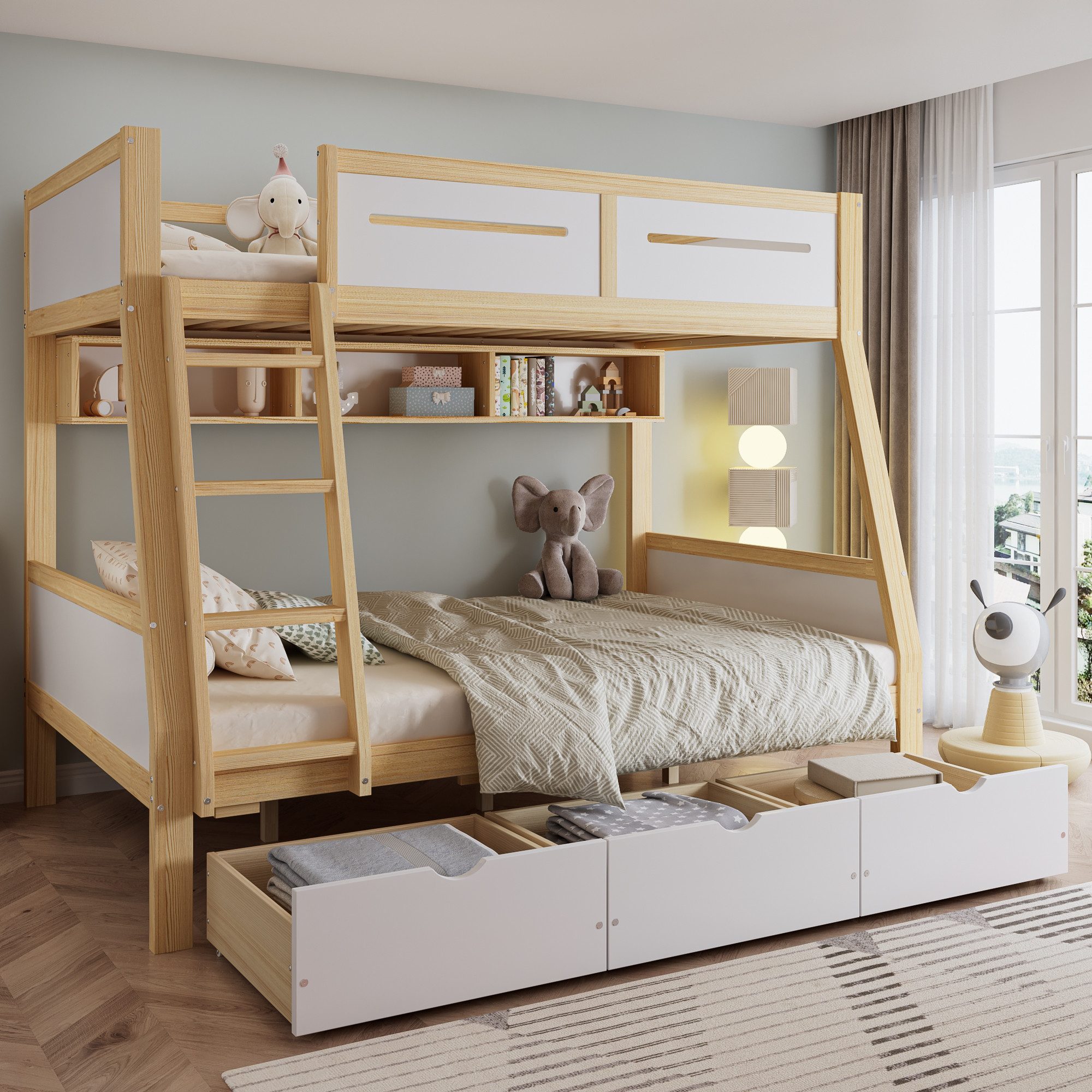 Merax Etagenbett 90x200cm/120x200 cm (Stauraum & Sicherheit im Kinderzimmer, 1-St., Jugendbett Stockbett Doppelbett Hausbett), Kieferholz Kinderbett mit Schubladen Bücherregal Umzäunung Trittleiter