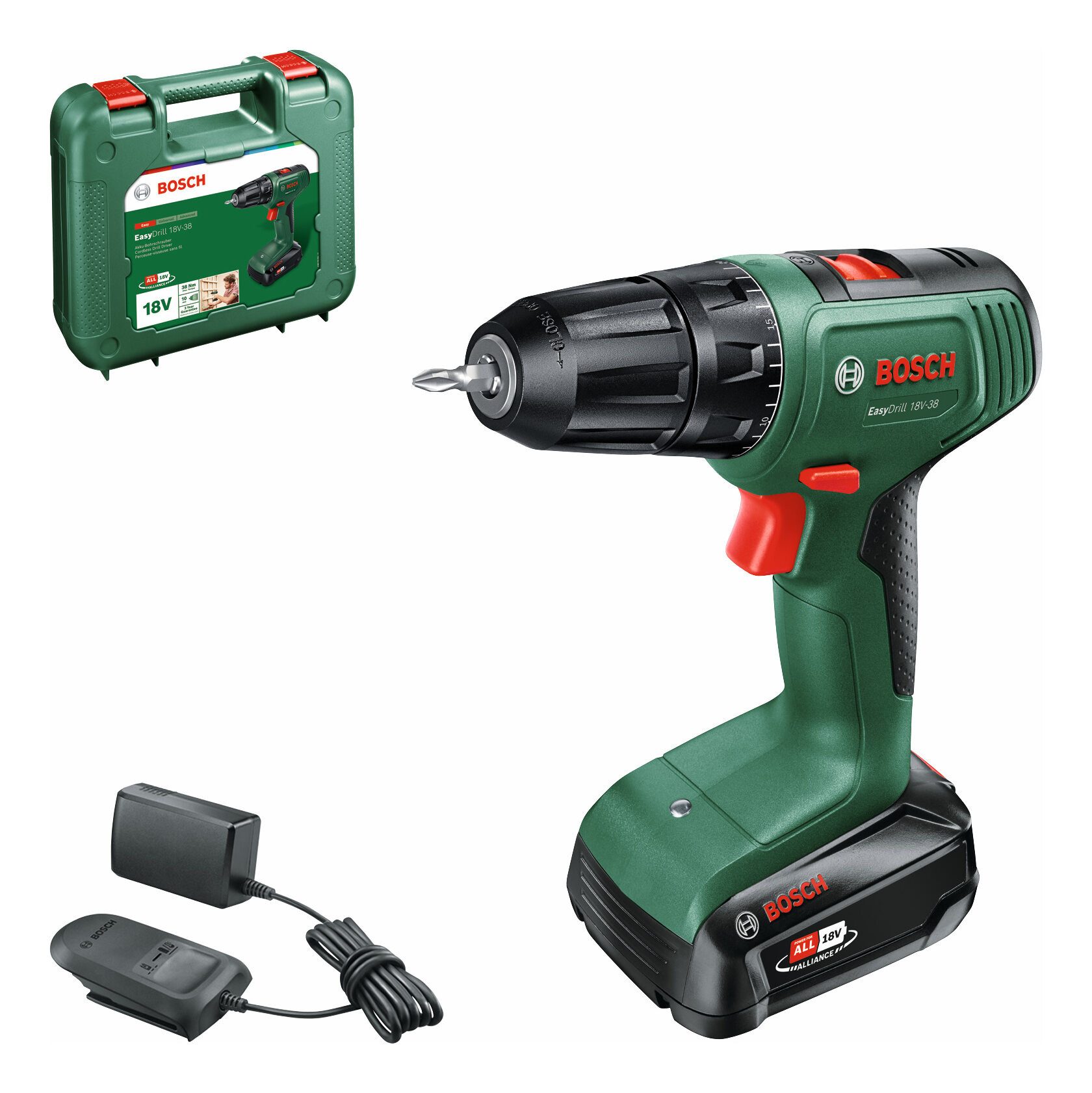 BOSCH Akku-Bohrschrauber EasyDrill 18V-38, 18 V, max. 430 U/min, Mit 1x Akku 1,5 Ah - im Tragekoffer